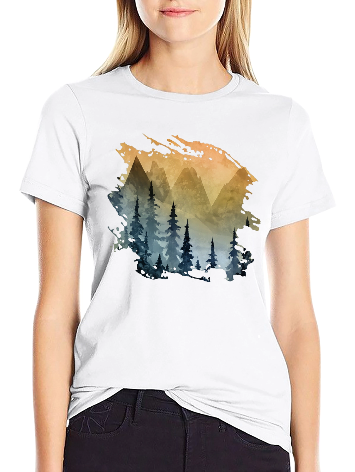 Black Watercolor Mountain & Trees Graphic Tee - Black view 9