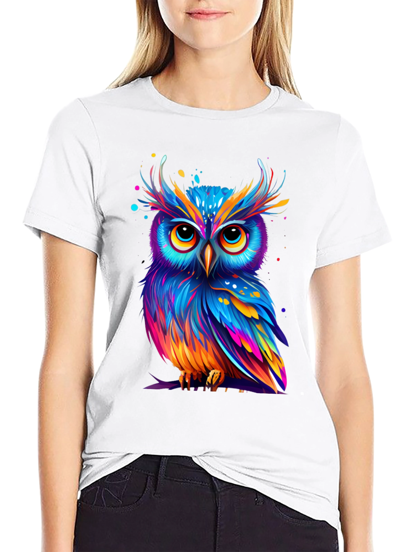 Black Colorful Owl Graphic Tee - Unique Art T-Shirt view 9