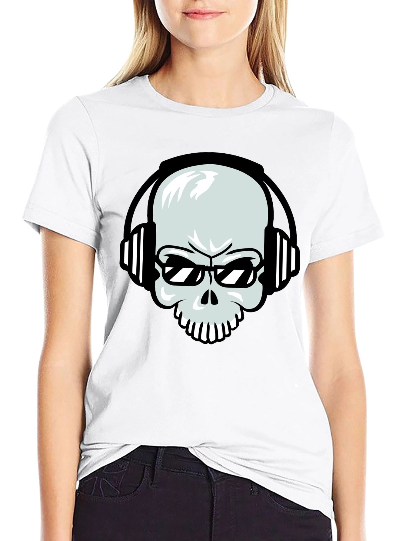 Black Skull with Headphones Graphic Tee - Black Cotton T-Shirt view 9