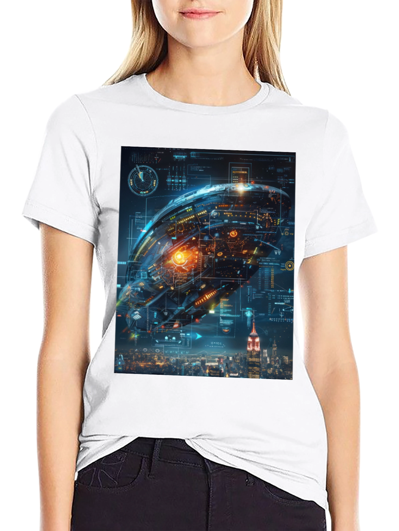 Black Sci-Fi Spaceship Over New York T-Shirt view 9