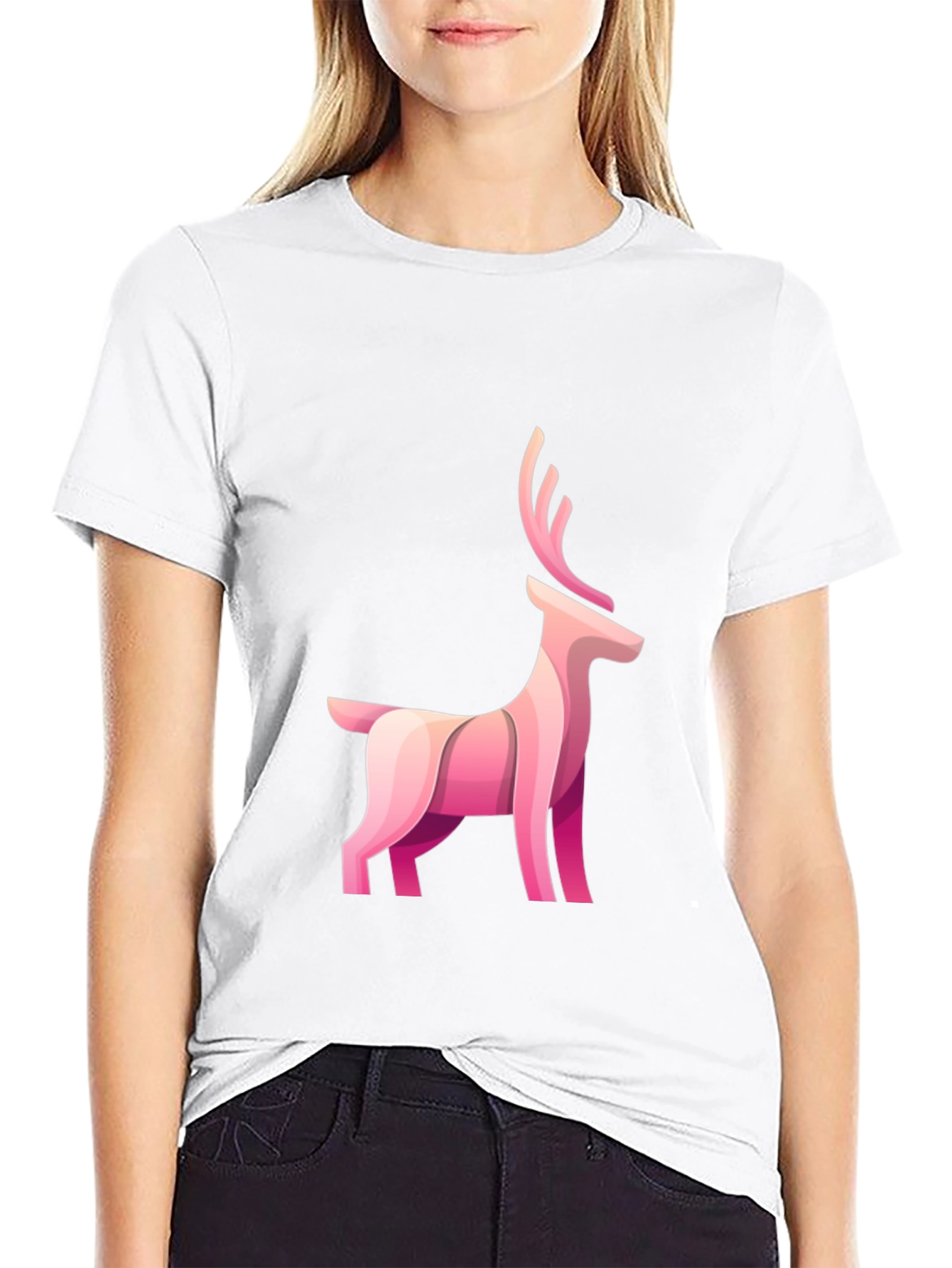 Black Stylish Black Tee with Pink Deer Graphic view 9