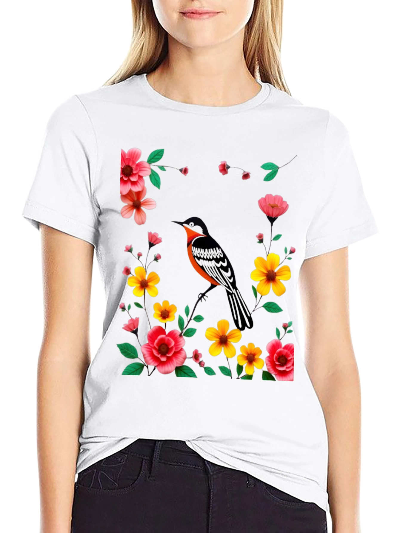 Black Floral Bird Graphic Tee - Stylish Men's Black T-Shirt view 9