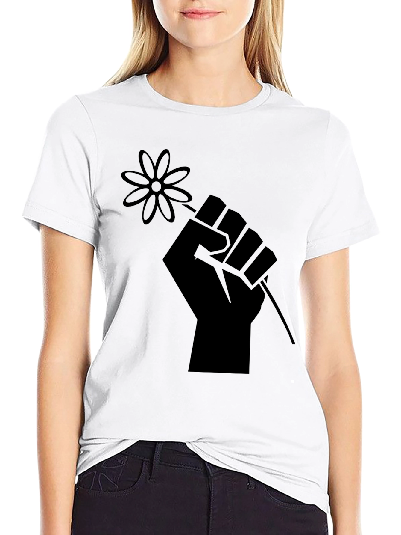 Black Black T-Shirt with Raised Fist & Flower Graphic view 9
