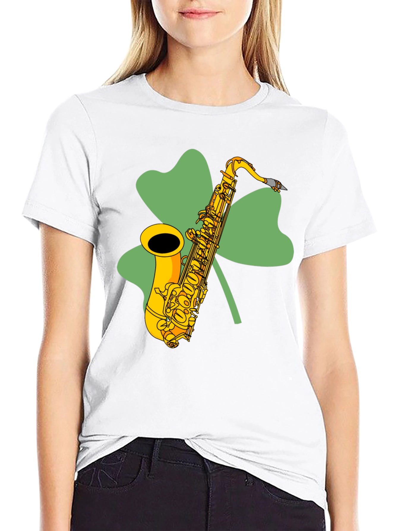 Black St. Patrick's Day Saxophone Shamrock T-Shirt view 9