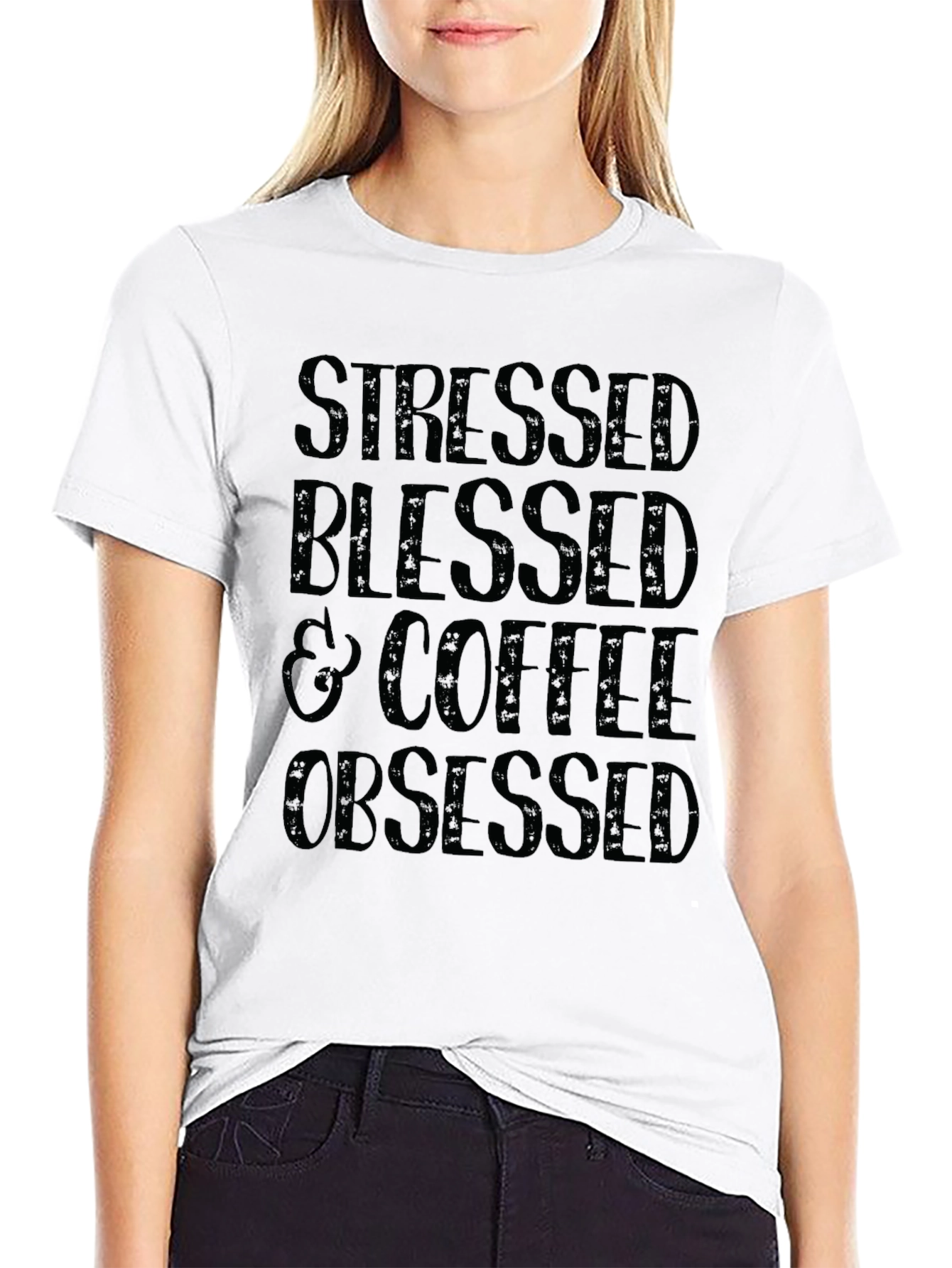 Black Stressed Blessed Coffee Obsessed Black T-Shirt view 9