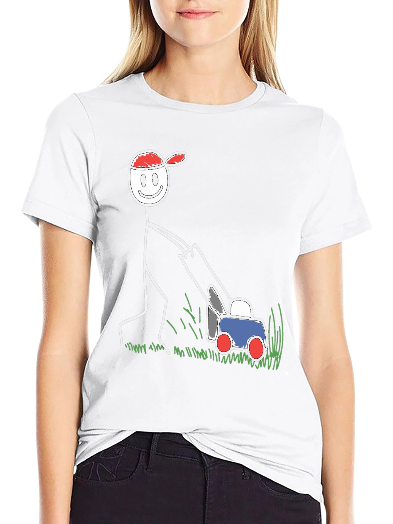 Black Funny Stick Figure Lawn Mower Graphic Tee view 9