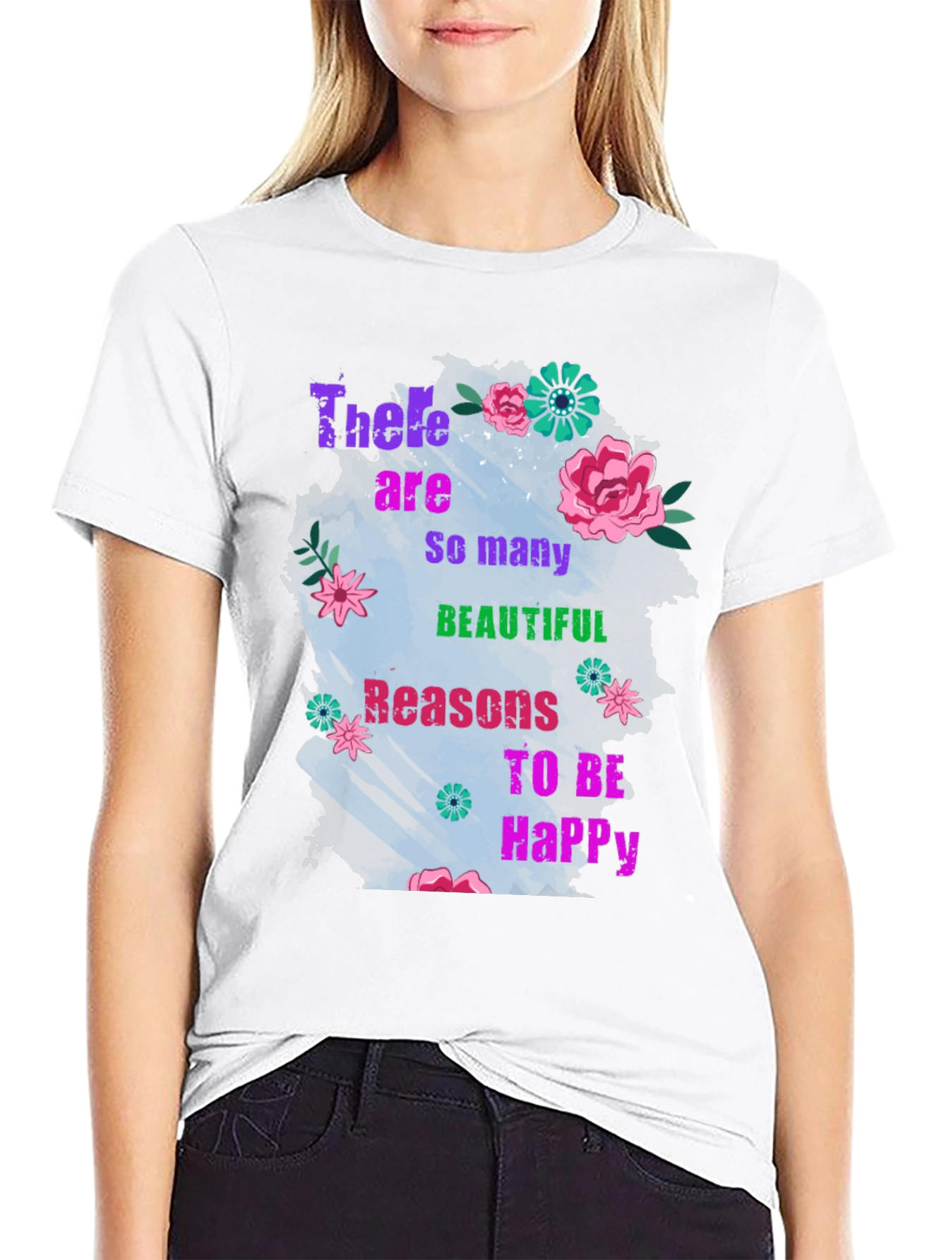 Black Floral Inspirational T-Shirt - Reasons to Be Happy view 9