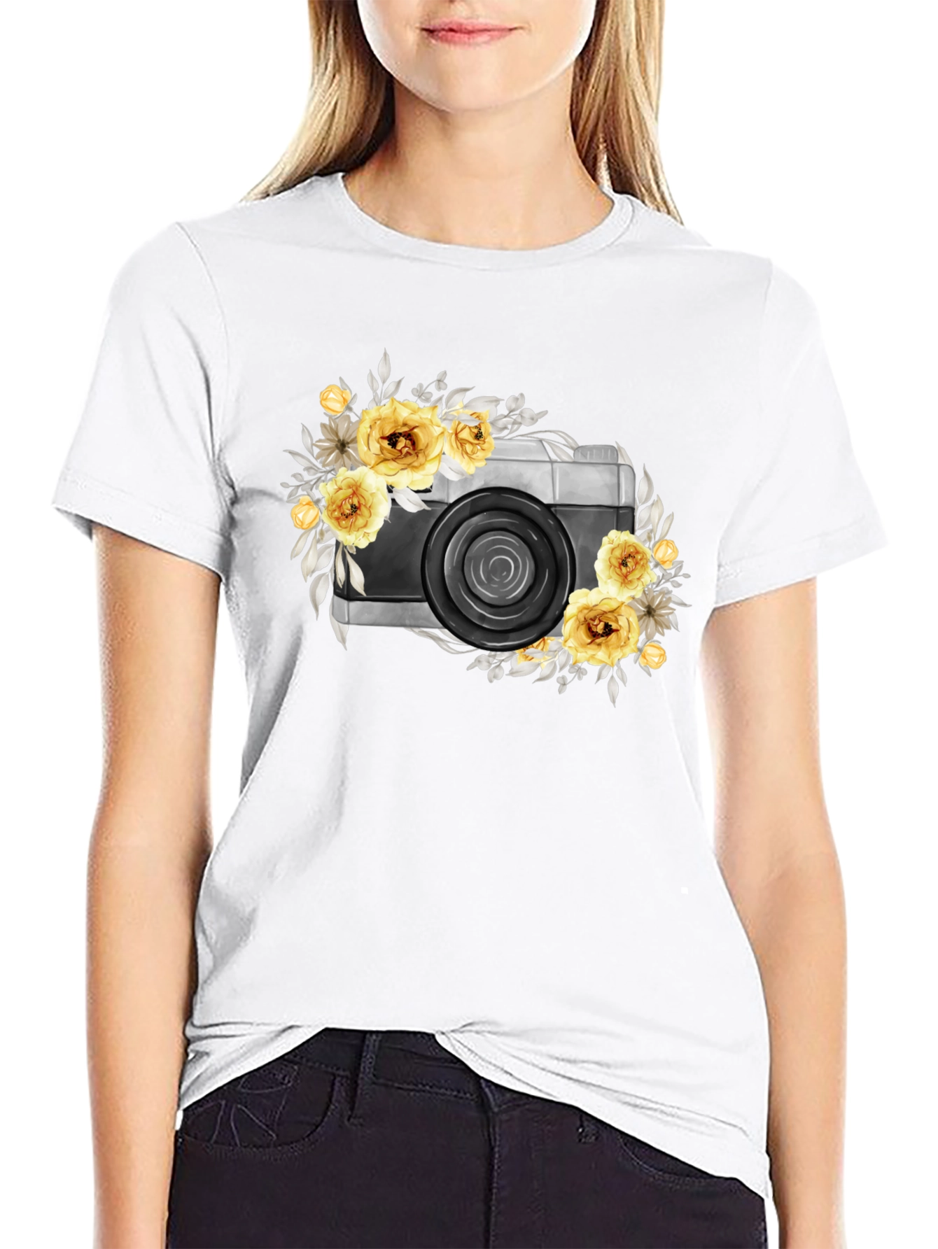 Black Floral Camera Graphic T-Shirt - Black Cotton Tee view 9