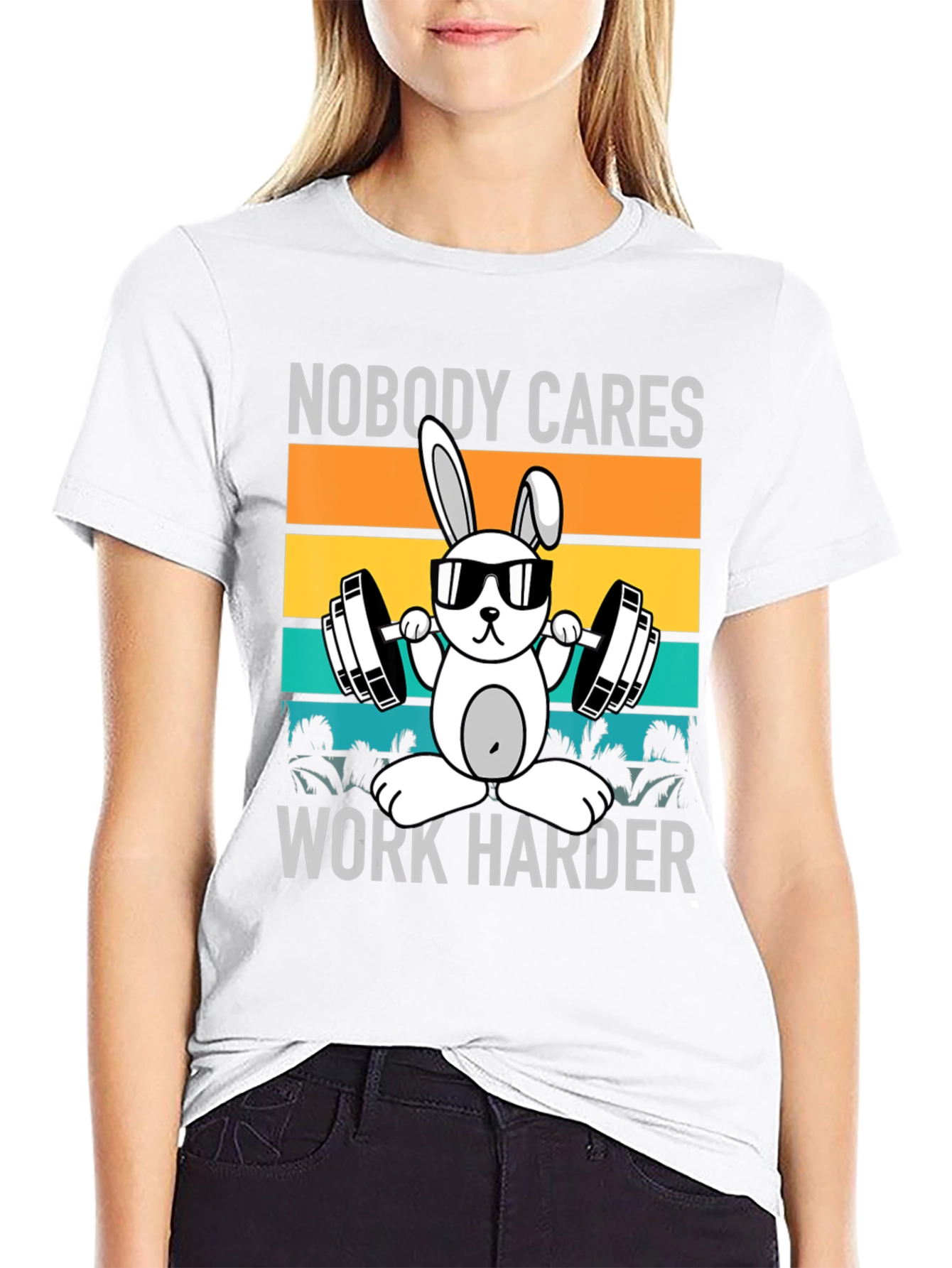 Black Funny Workout Bunny T-Shirt - Nobody Cares, Work Harder view 9