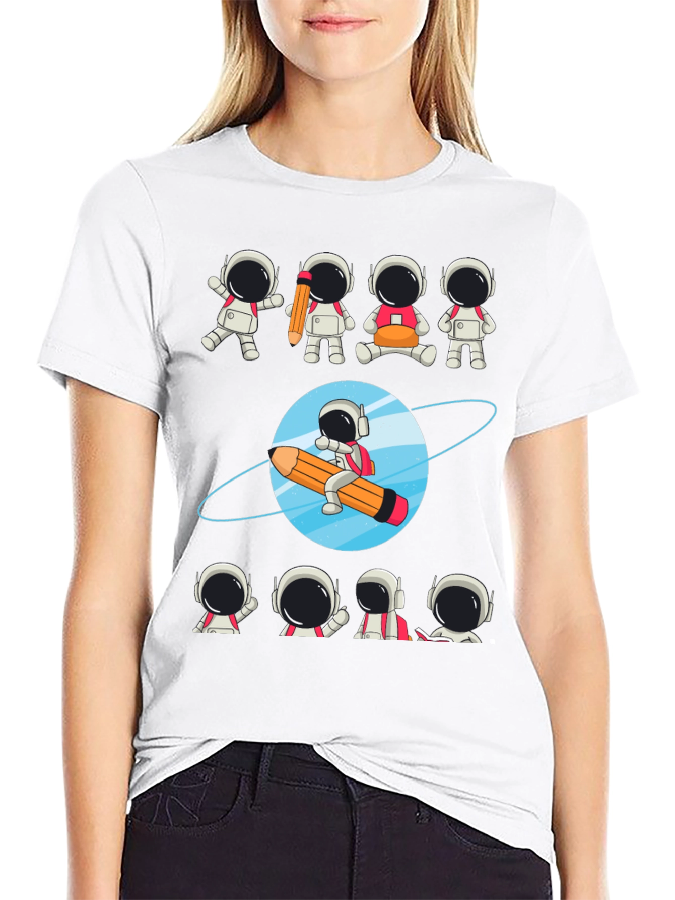Black Astronaut Pencil Planet T-Shirt - Creative Space Design view 9