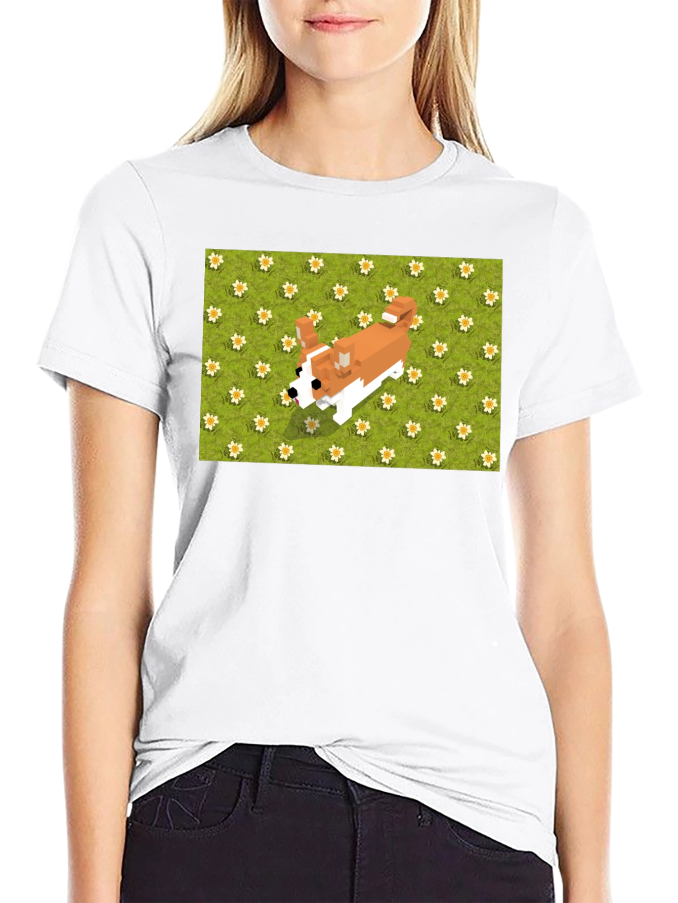 Black Pixel Dog T-Shirt - Corgi on Flowers view 9