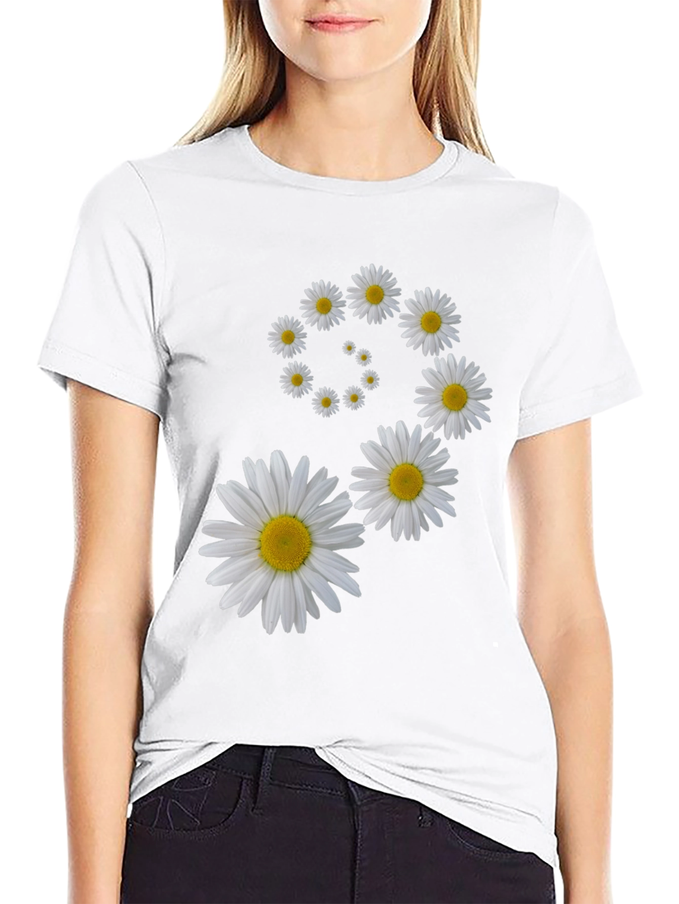 Black Daisy Spiral Graphic Black T-Shirt view 9