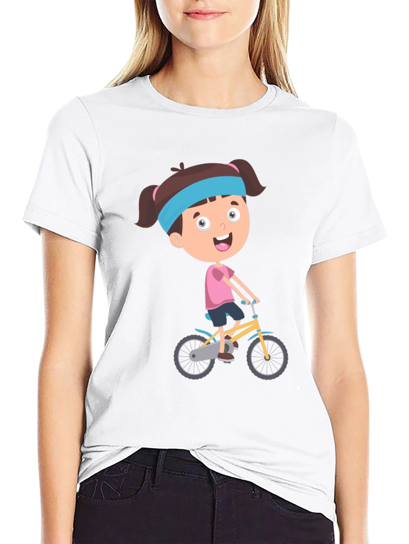 Black Cartoon Girl Biking Graphic Print Tee - Casual Comfort view 9