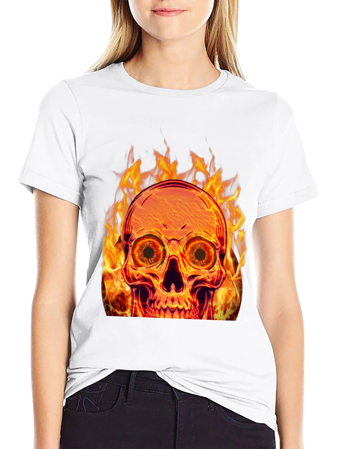Black Flaming Skull Graphic Tee - Black Cotton Blend view 9