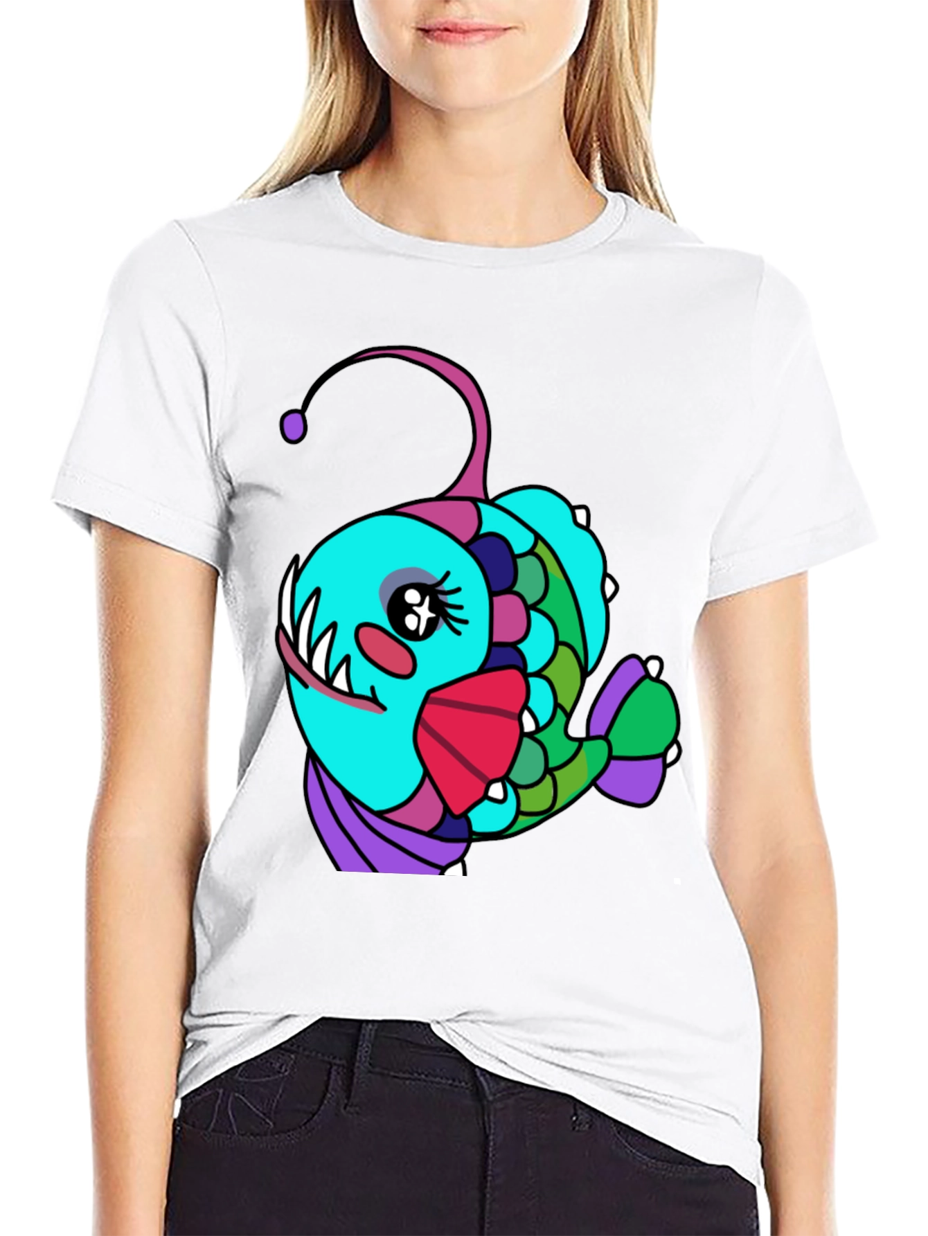 Black Anglerfish Cartoon T-Shirt - Unique Graphic Tee view 9