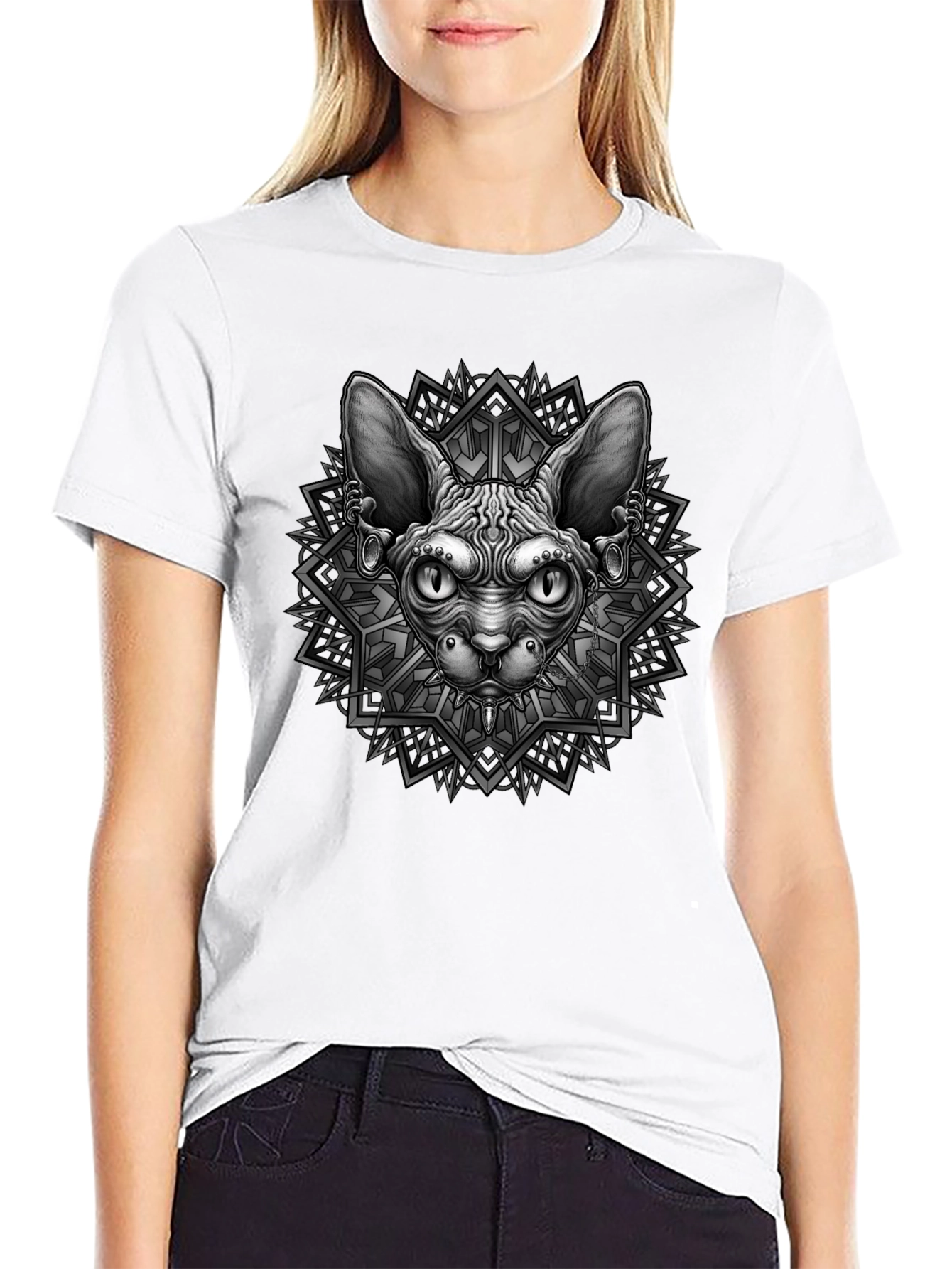 Black Sphynx Cat Graphic Tee - Unique Geometric Design view 9
