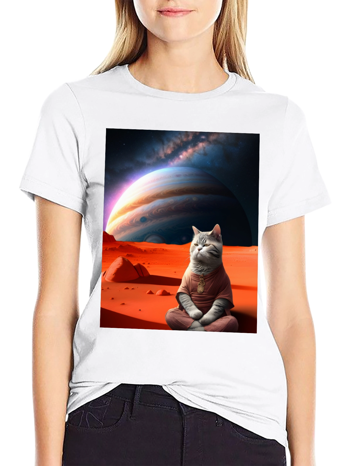 Black Zen Cat in Space Graphic Tee view 9