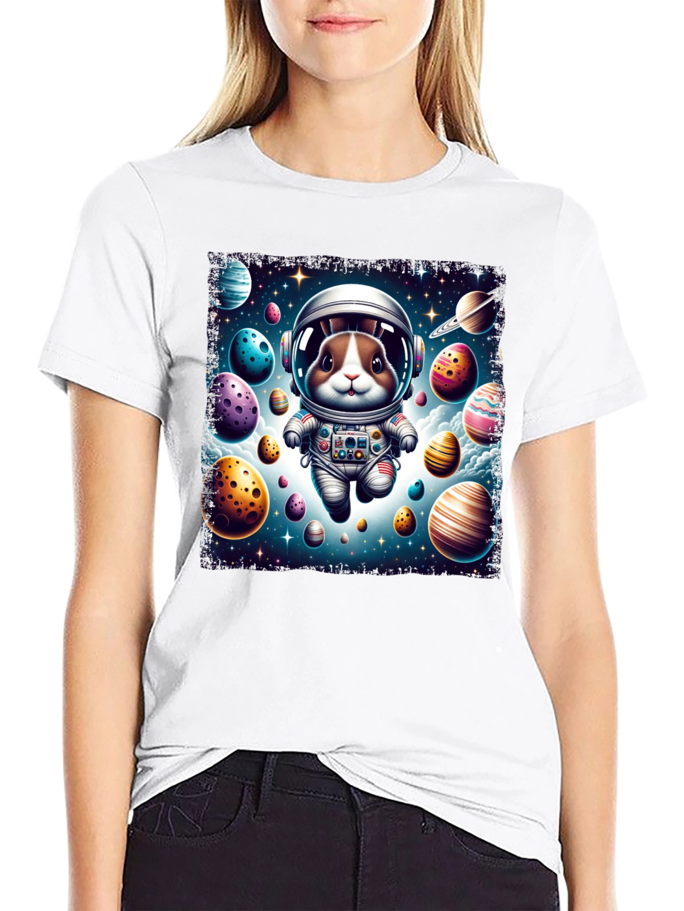 Black Space Bunny Easter Egg Universe Graphic Tee view 9