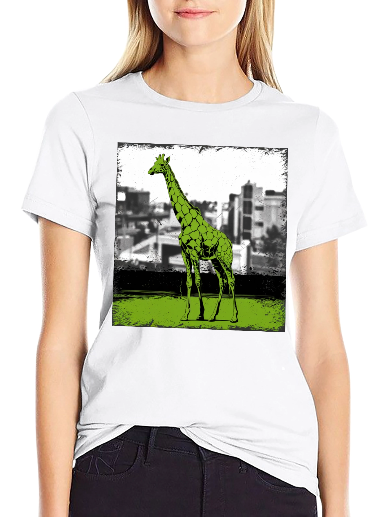 Black Giraffe Cityscape Graphic Tee - Cool Animal Print Shirt view 9