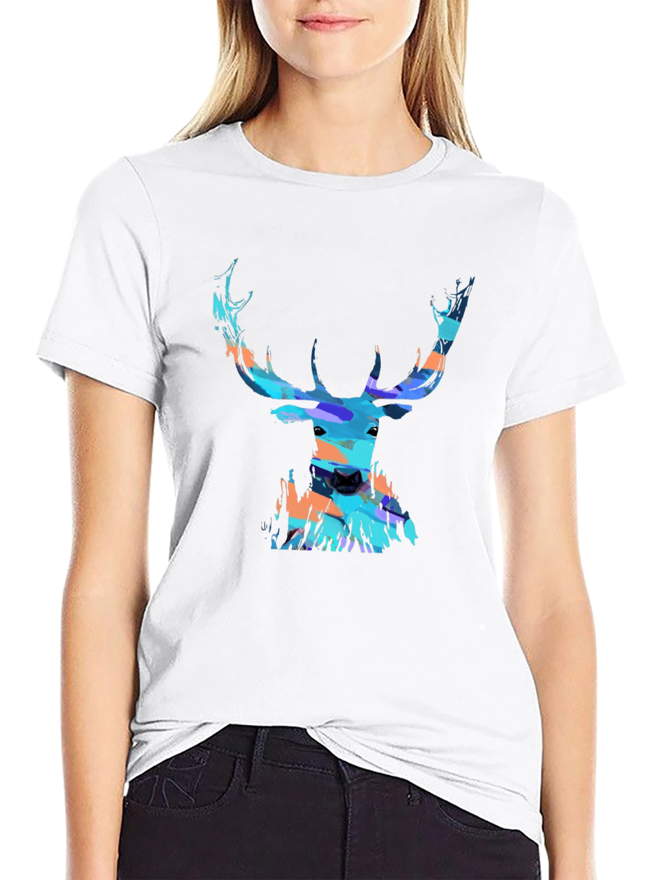 Black Abstract Deer Head Graphic Print Black T-Shirt view 9