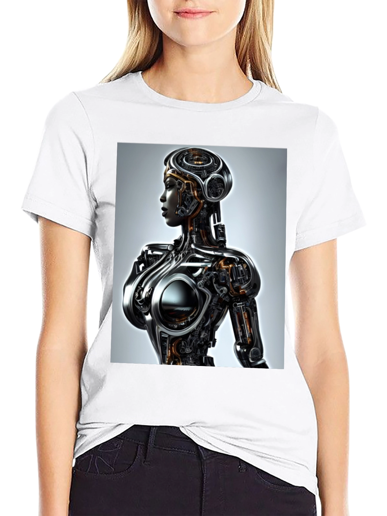 Black Futuristic Robot Woman Graphic Tee - Black view 9