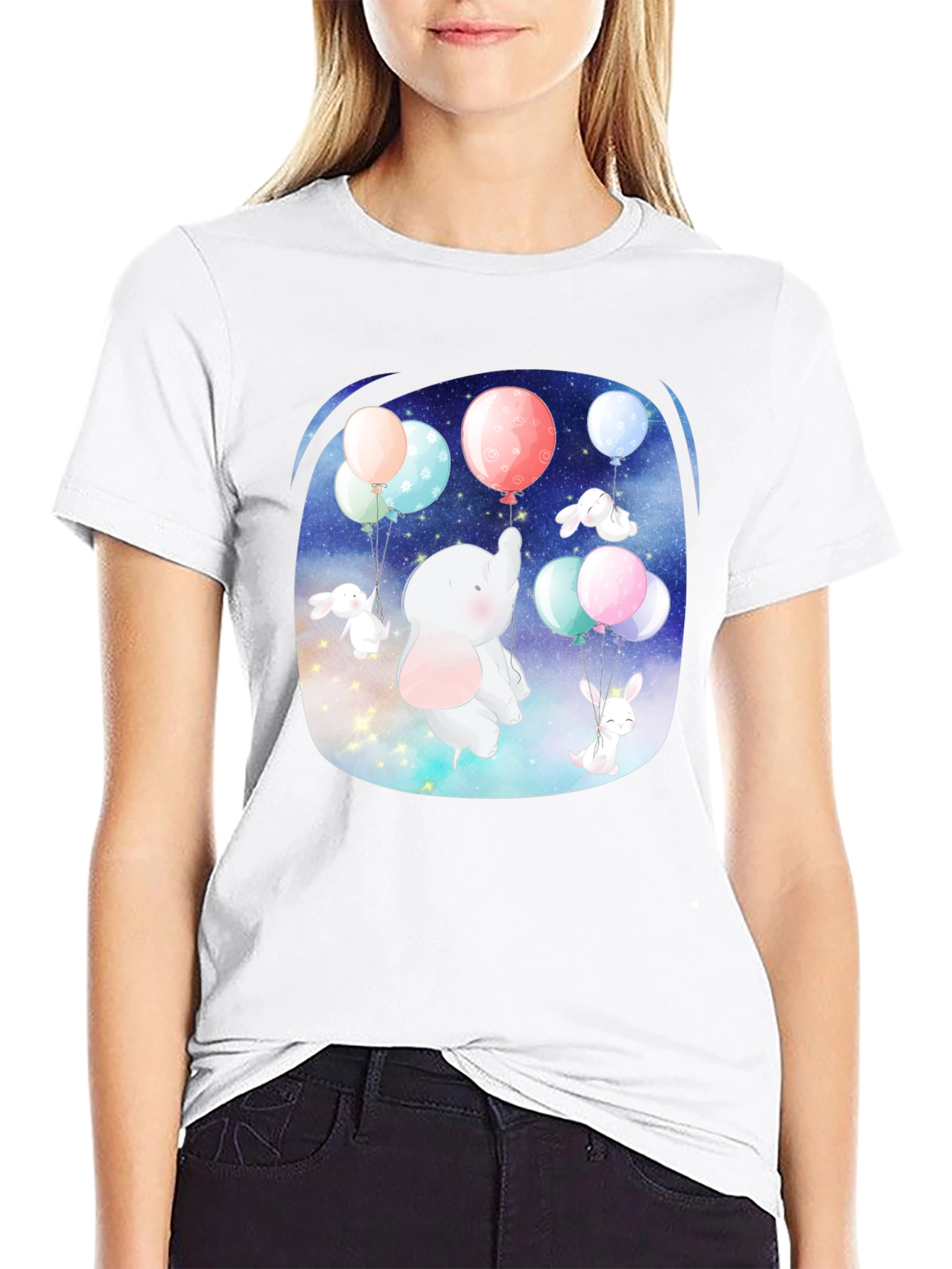Cute Elephant & Bunny Balloon Ride Graphic Tee - 9