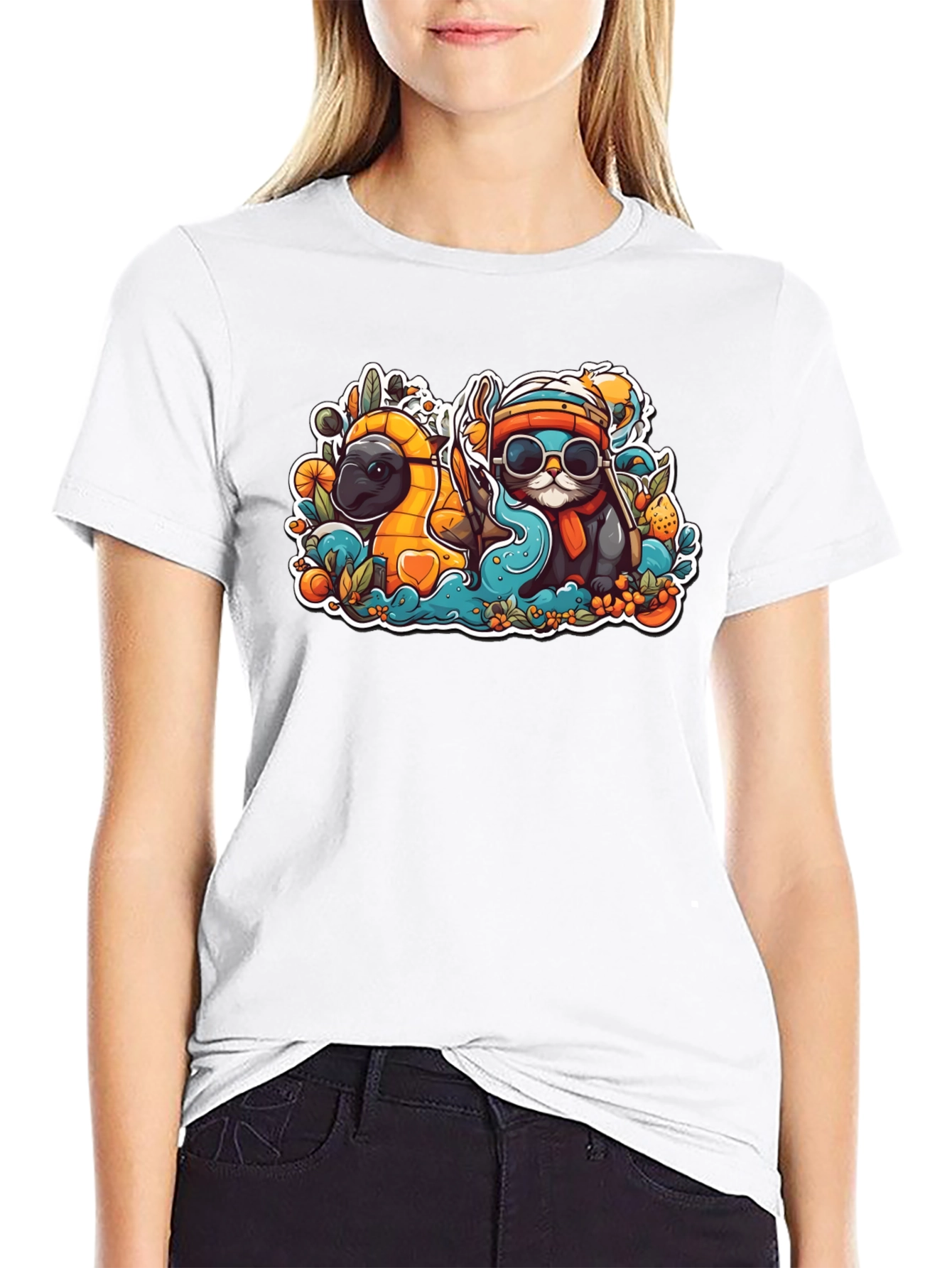 Black Cool Cartoon Otter and Platypus Black T-Shirt view 9