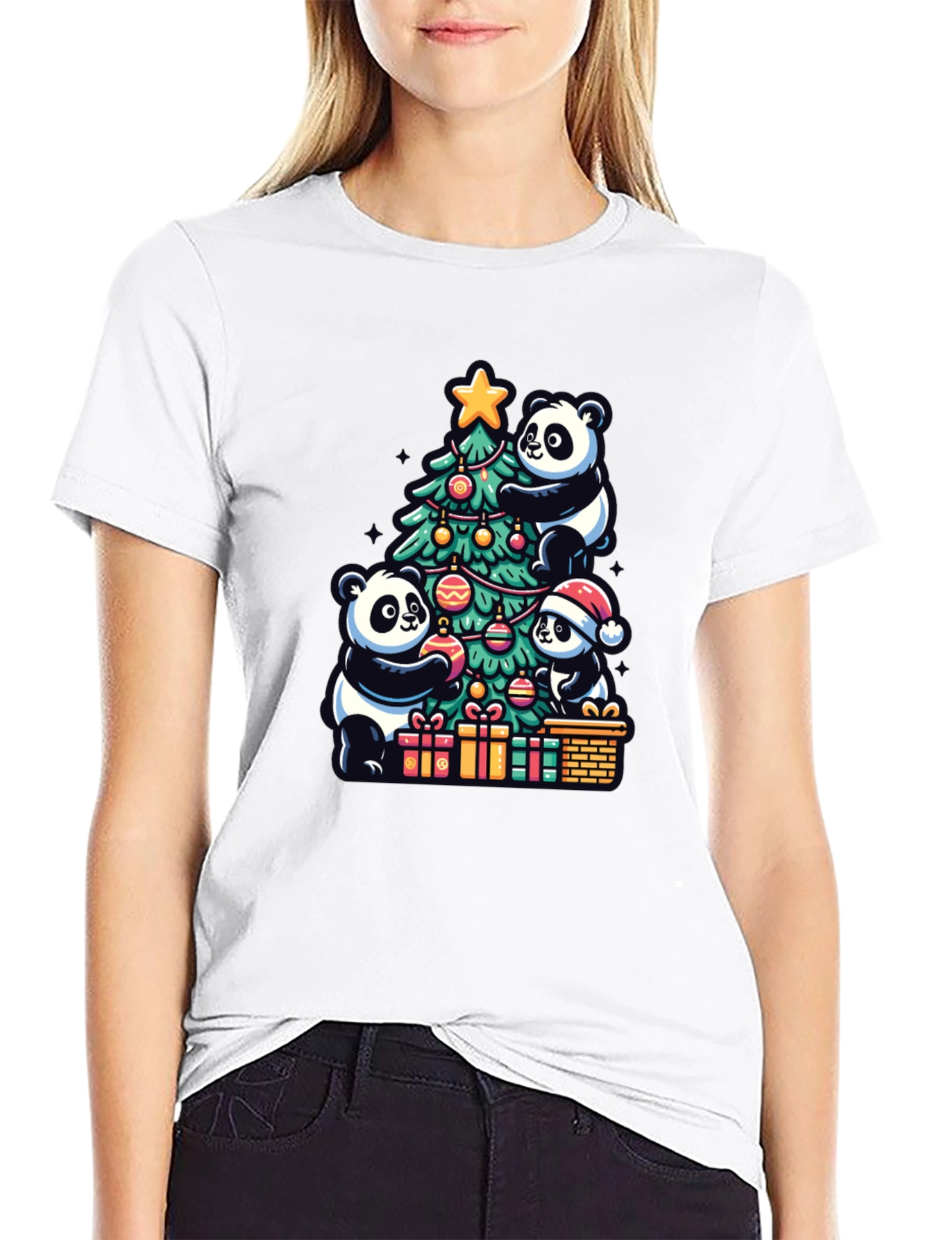 Black Panda Christmas T-Shirt - Holiday Festive Wear view 9