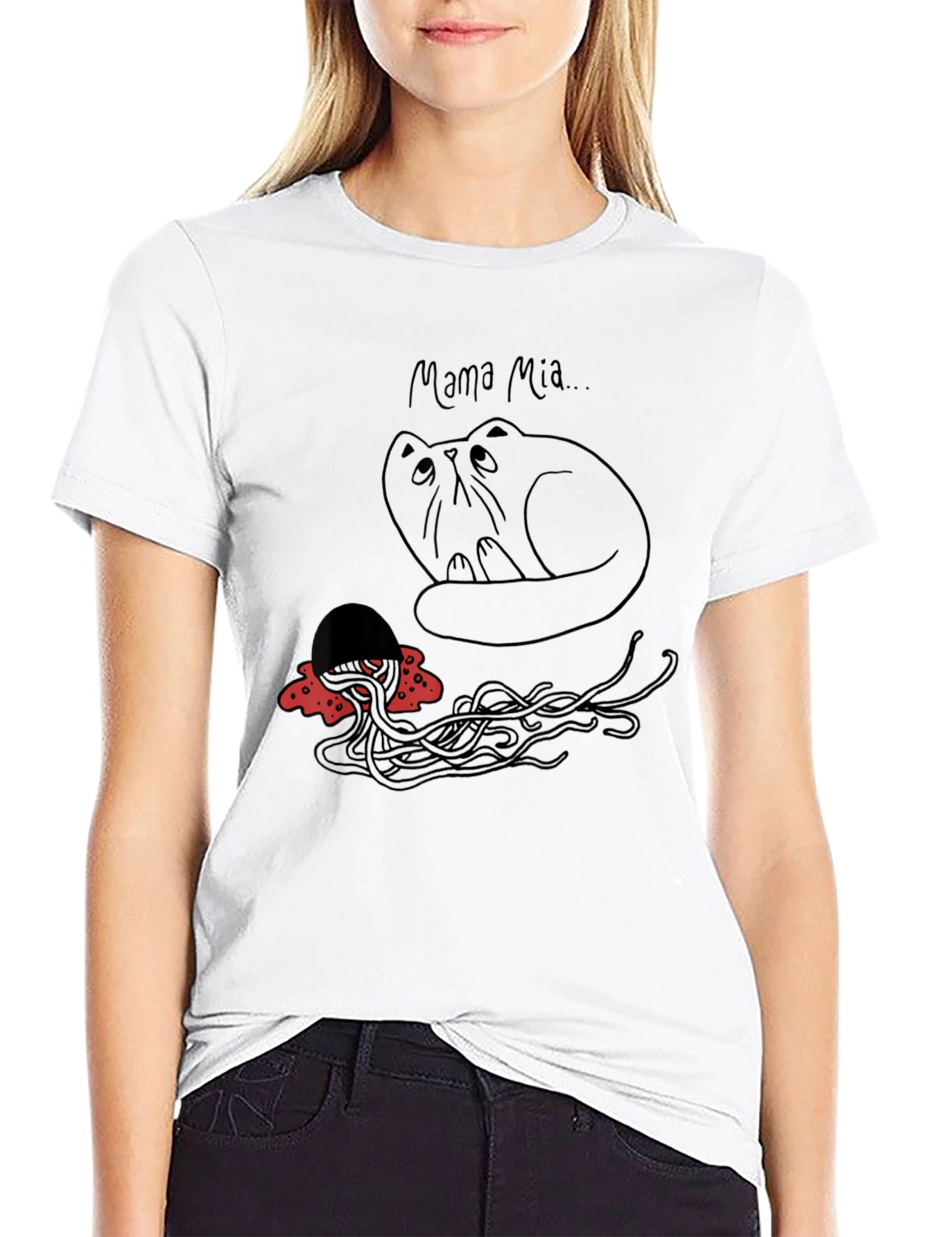 Black Mama Mia Cat & Spaghetti Graphic T-Shirt view 9