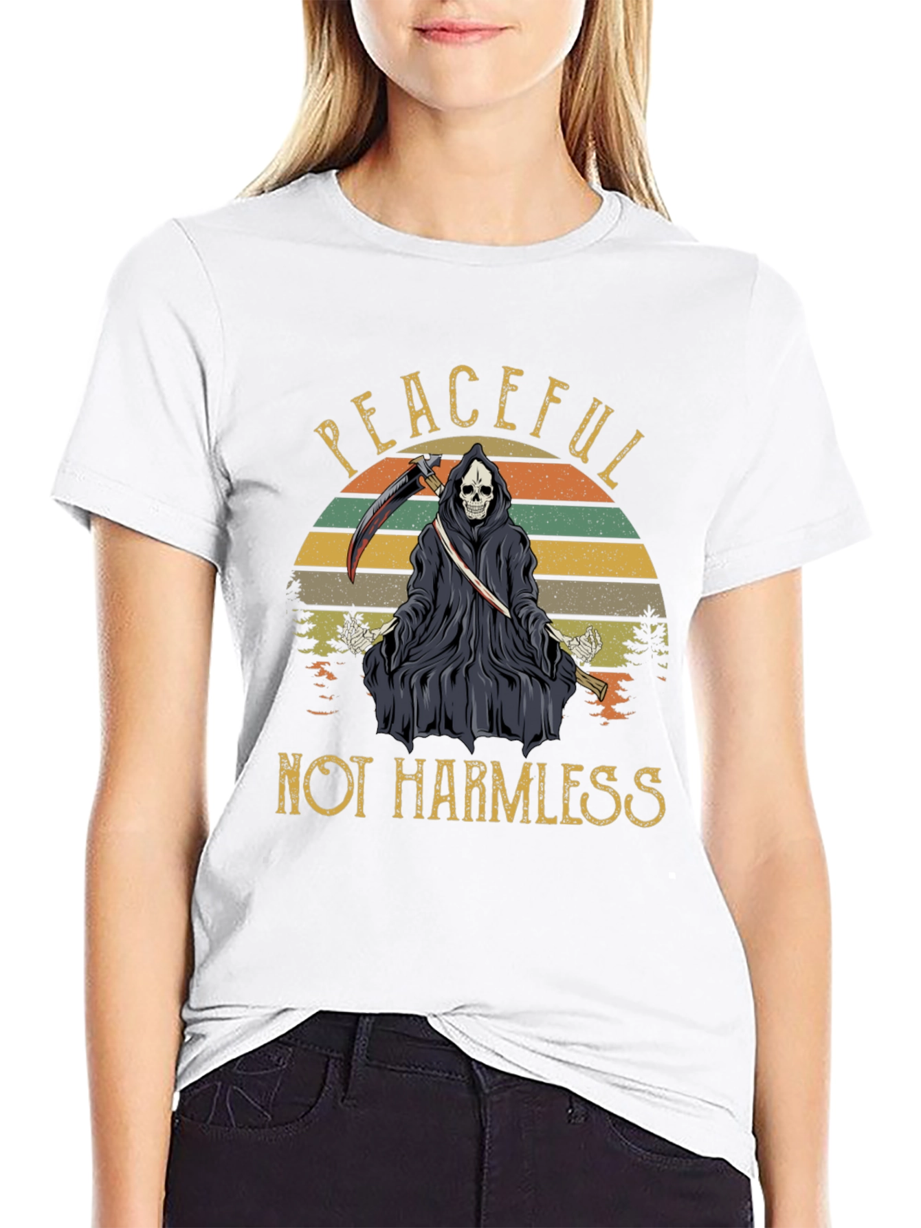 Black Peaceful Not Harmless Grim Reaper Graphic T-Shirt view 9