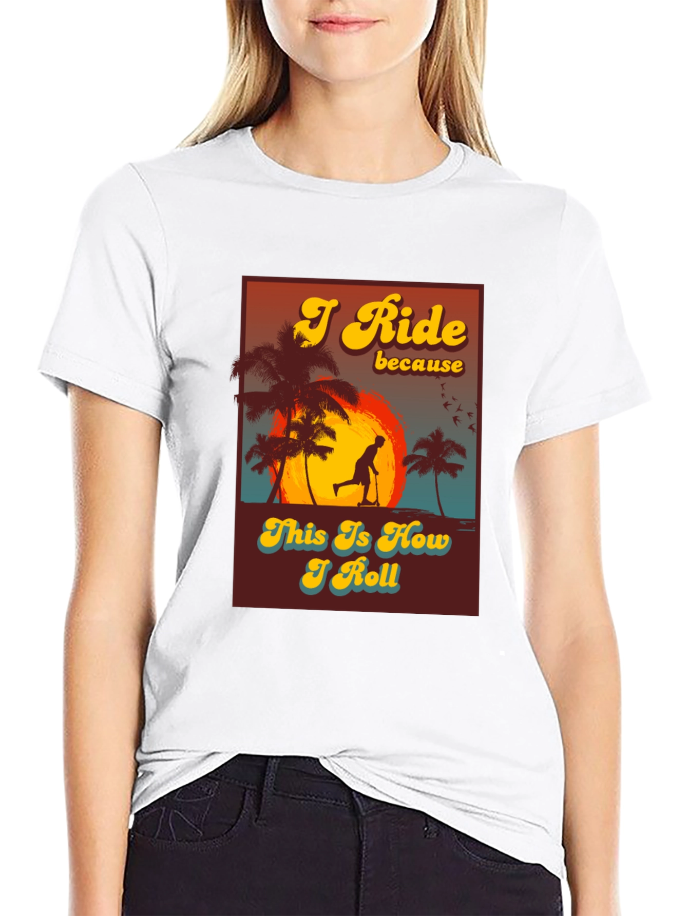 Black I Ride Scooter Tee - Retro Sunset Design view 9
