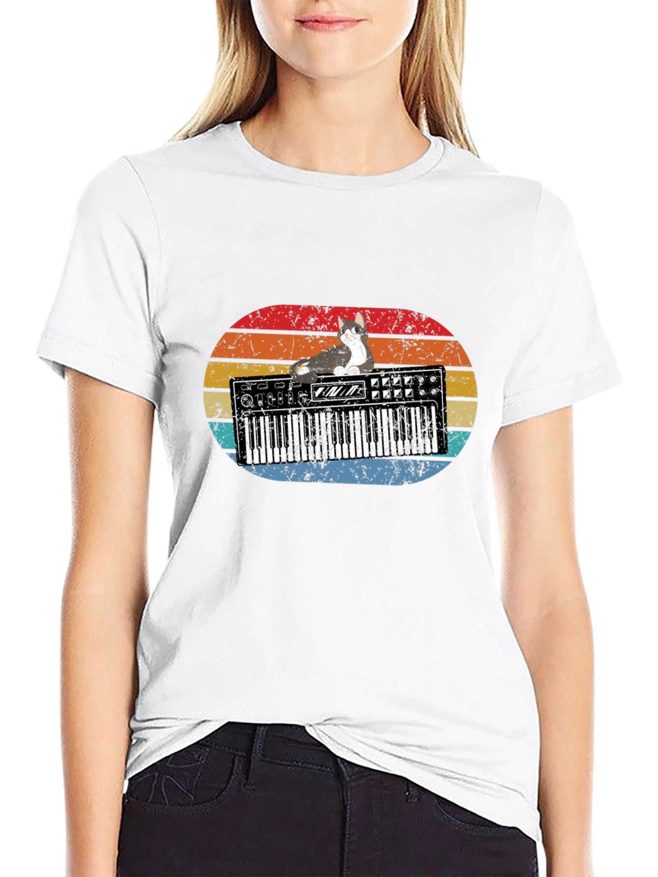 Black Retro Cat Keyboardist T-Shirt view 9