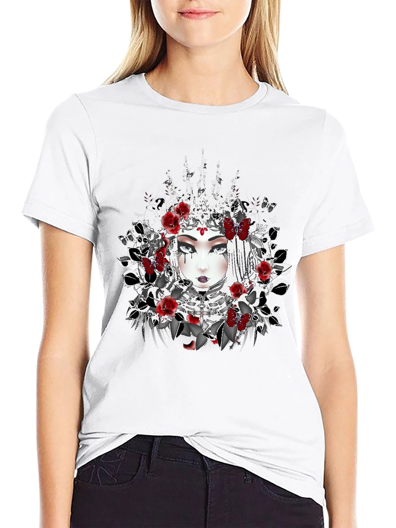 Black Gothic Queen T-Shirt - Floral Crown Design view 9