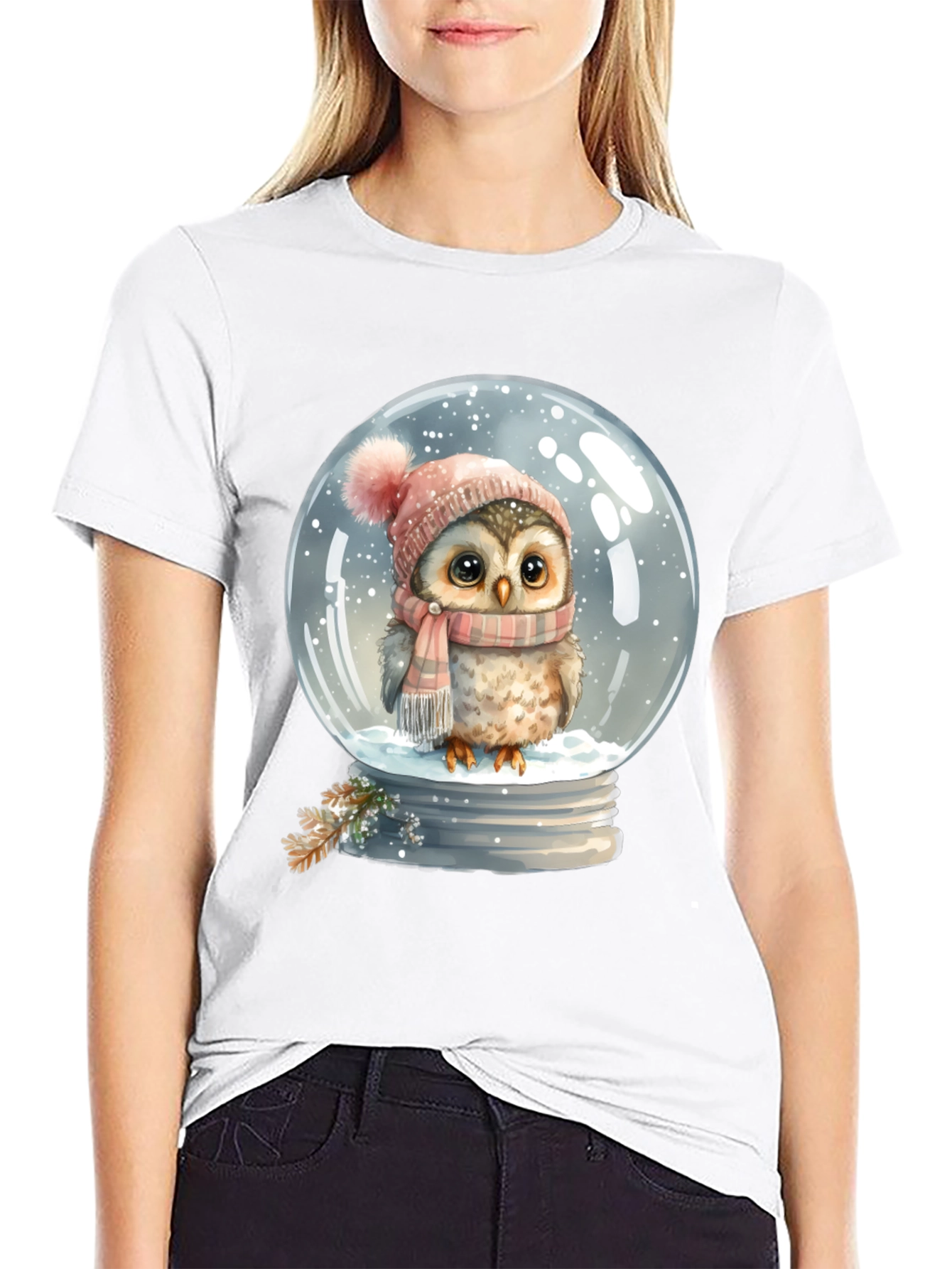 Winter Owl in Snow Globe Black T-Shirt - 9