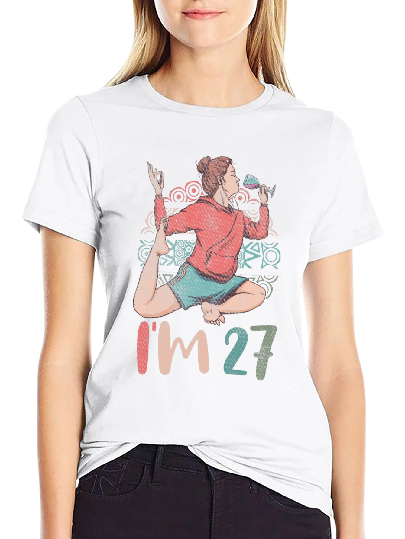 Black Yoga & Wine Birthday T-Shirt - I'm 27 Graphic Tee view 9
