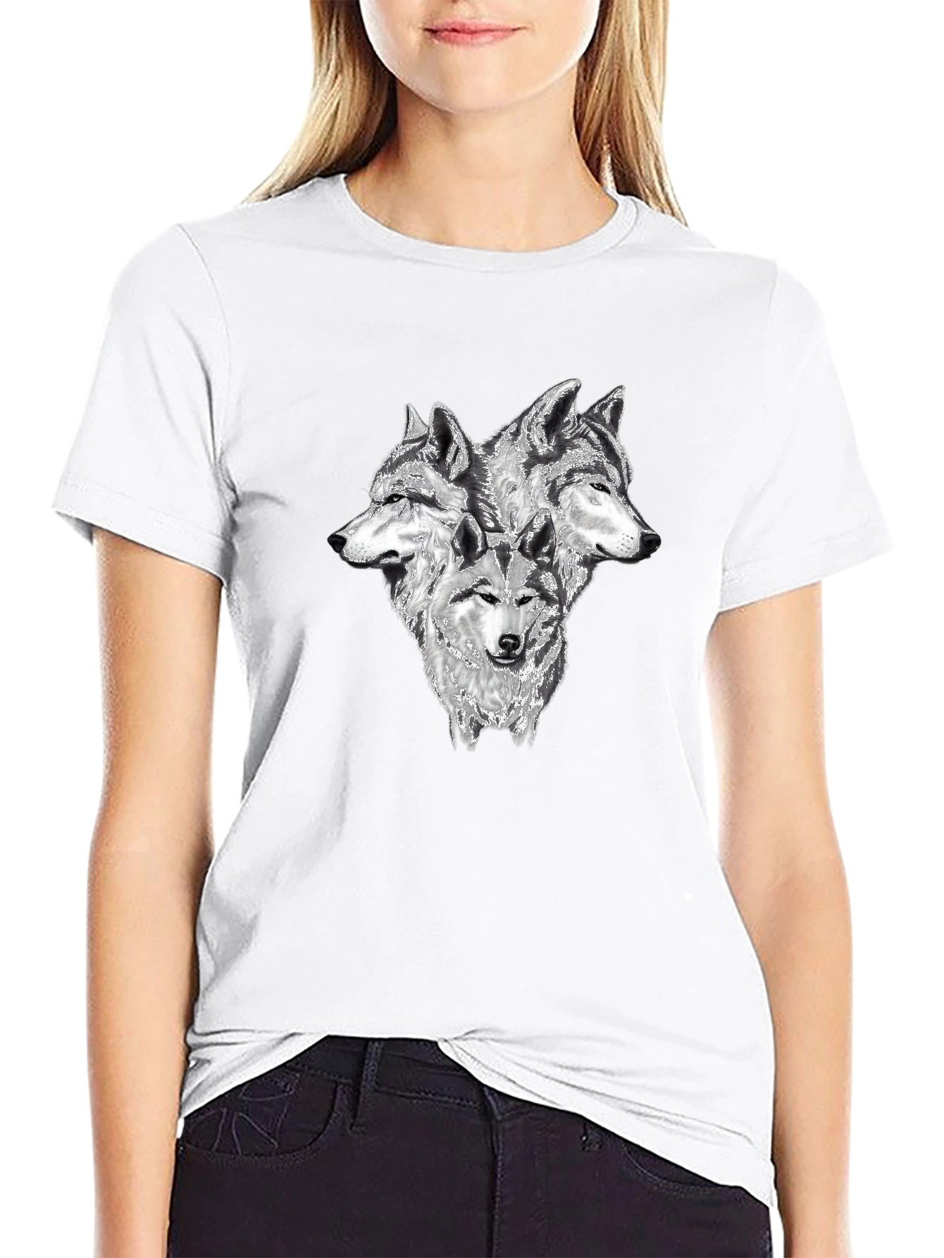 Black Three Wolf Head Graphic T-Shirt - Black view 9
