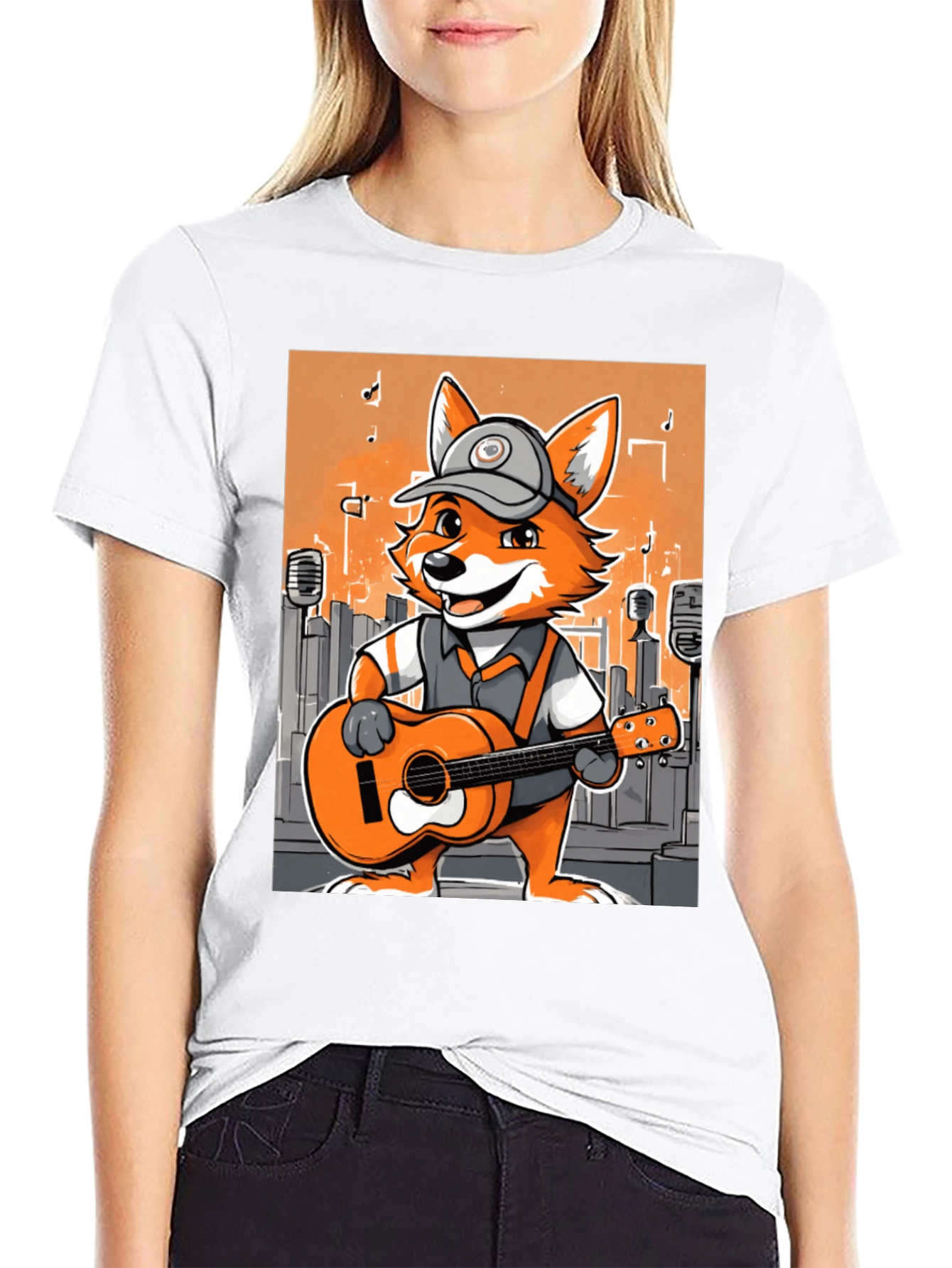 Black Cartoon Fox Musician Graphic Tee view 9
