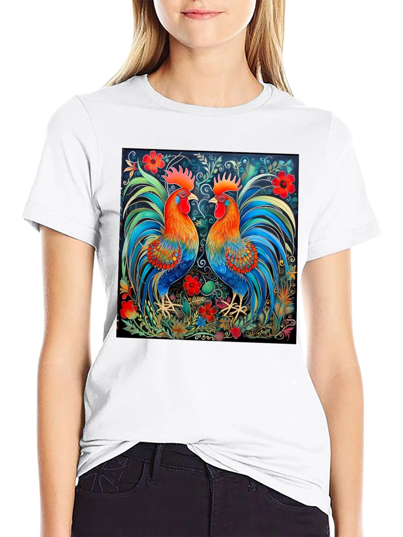 Black Rooster Art Print Black T-Shirt - Stylish Graphic Tee view 9