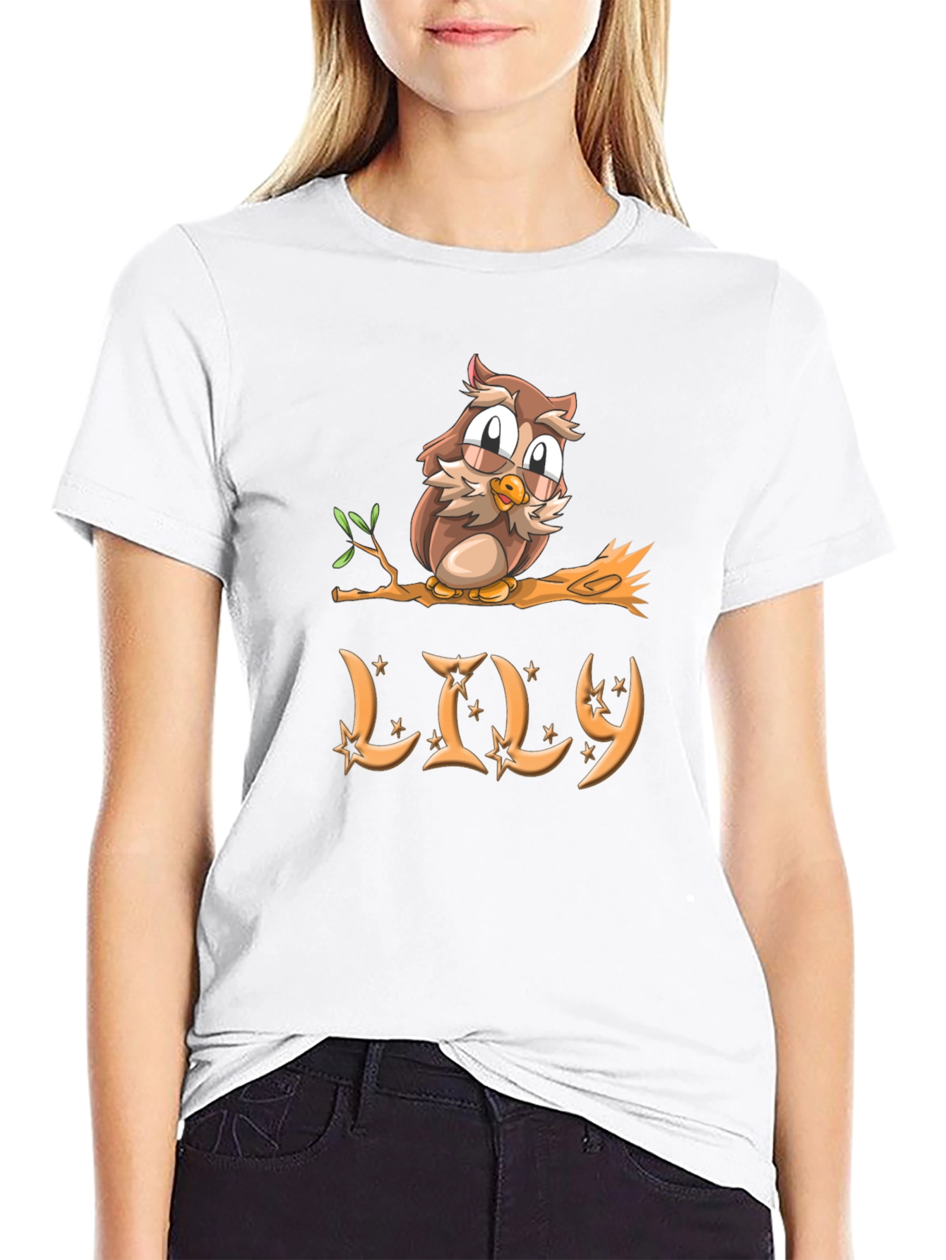 Black Cute Owl on Branch Personalized T-Shirt view 9