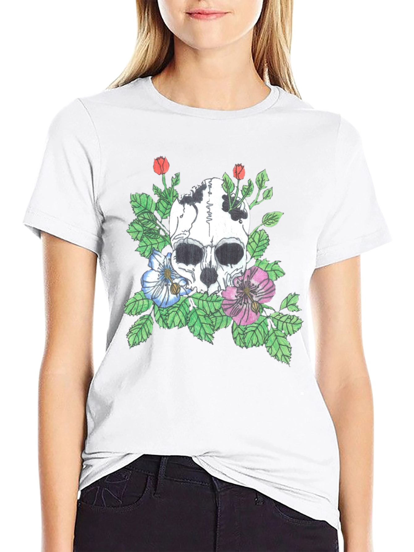 Black Skull Floral Graphic Tee - Stylish Black T-Shirt view 9