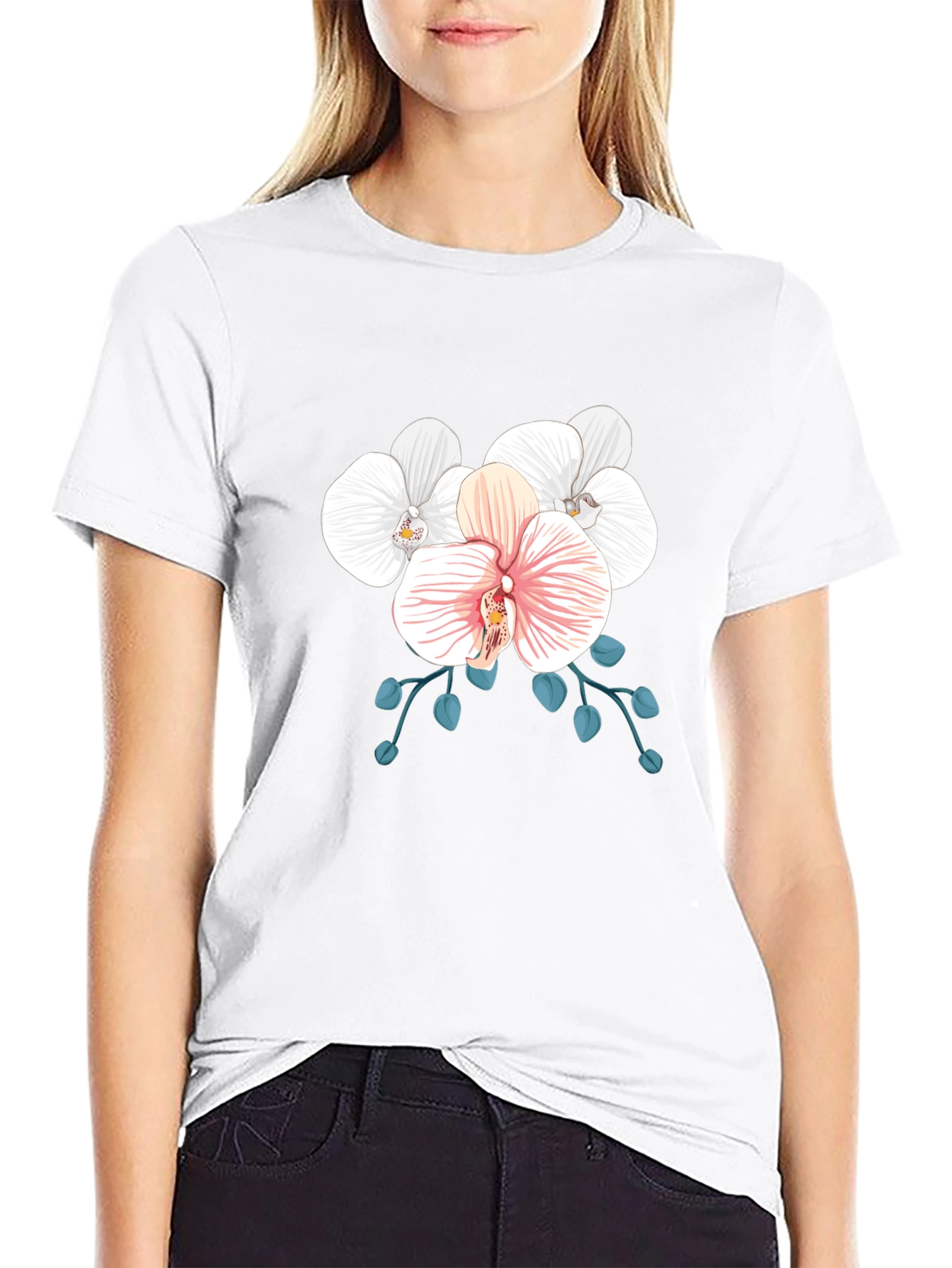 Black Floral Orchid Graphic Tee - Black Cotton Blend view 9