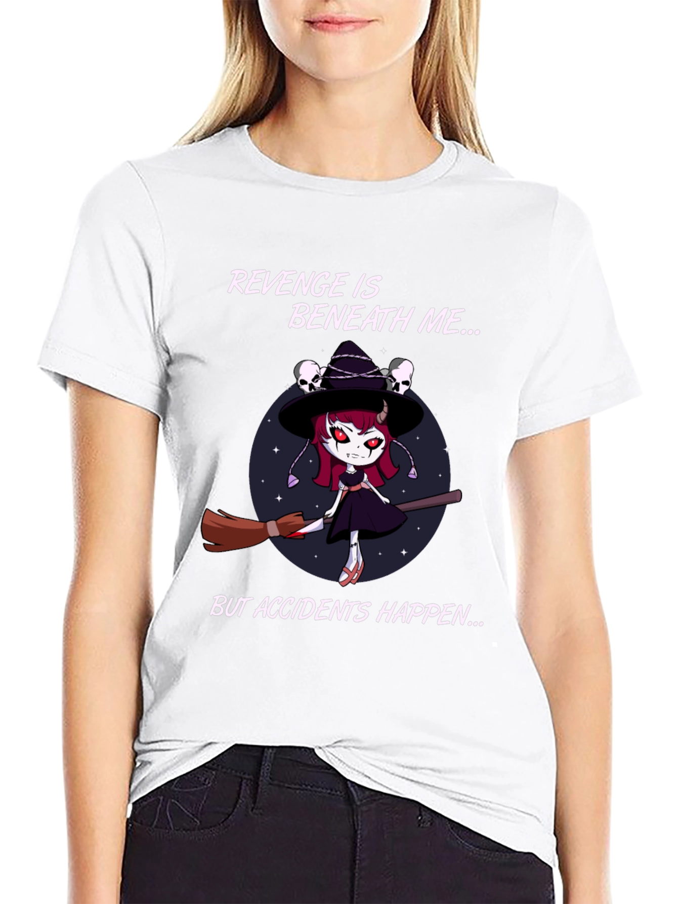 Black Revenge Witch T-Shirt: Accidents Happen - Black Cotton Tee view 9
