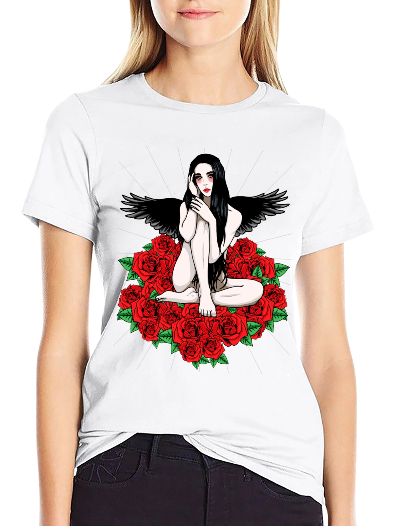 Black Gothic Angel Rose T-Shirt - Dark Fantasy Tee view 9