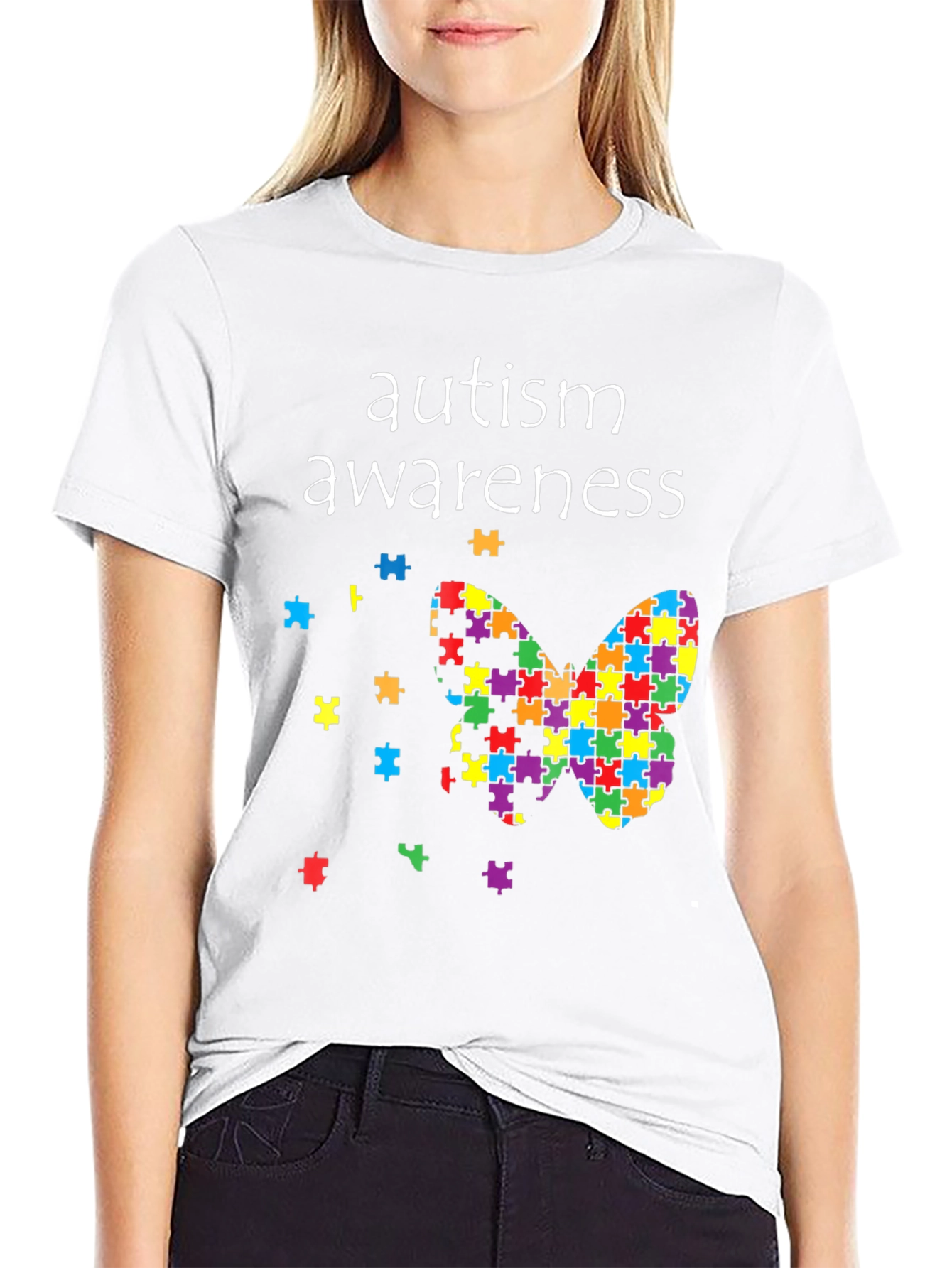 Black Autism Awareness Butterfly Puzzle Piece T-Shirt view 9