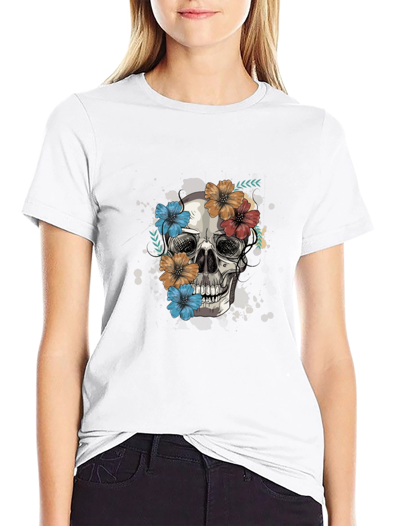 Black Skull & Floral Graphic Tee view 9