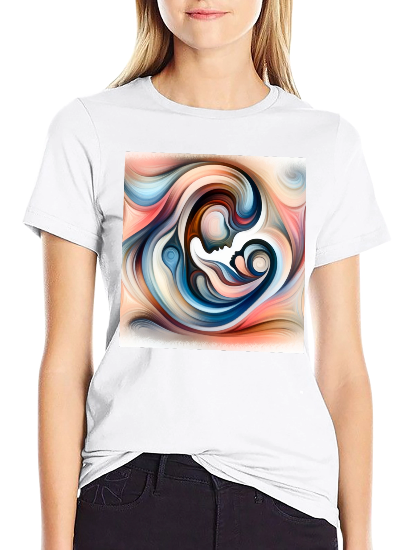 Black Abstract Mother Child Art T-Shirt - Unisex Black Tee view 9