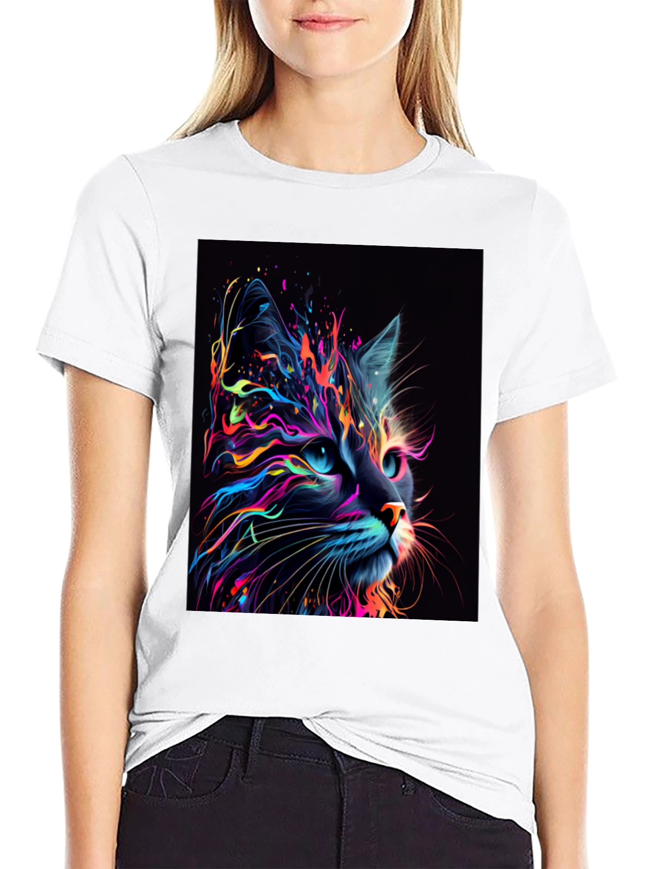 Black Neon Cat Graphic T-Shirt - Unique Design view 9