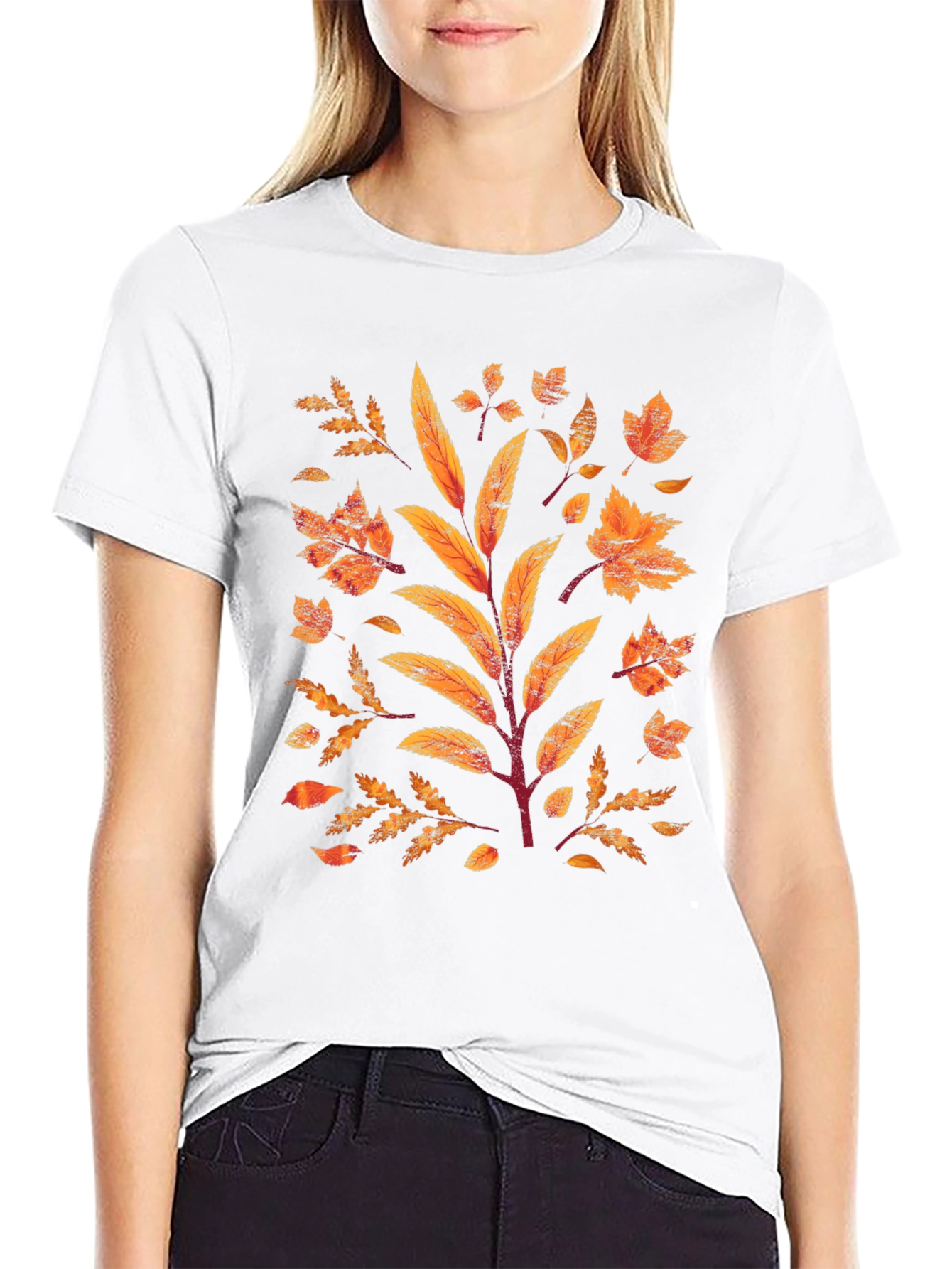 Black Autumn Leaves Graphic Print Black T-Shirt view 9