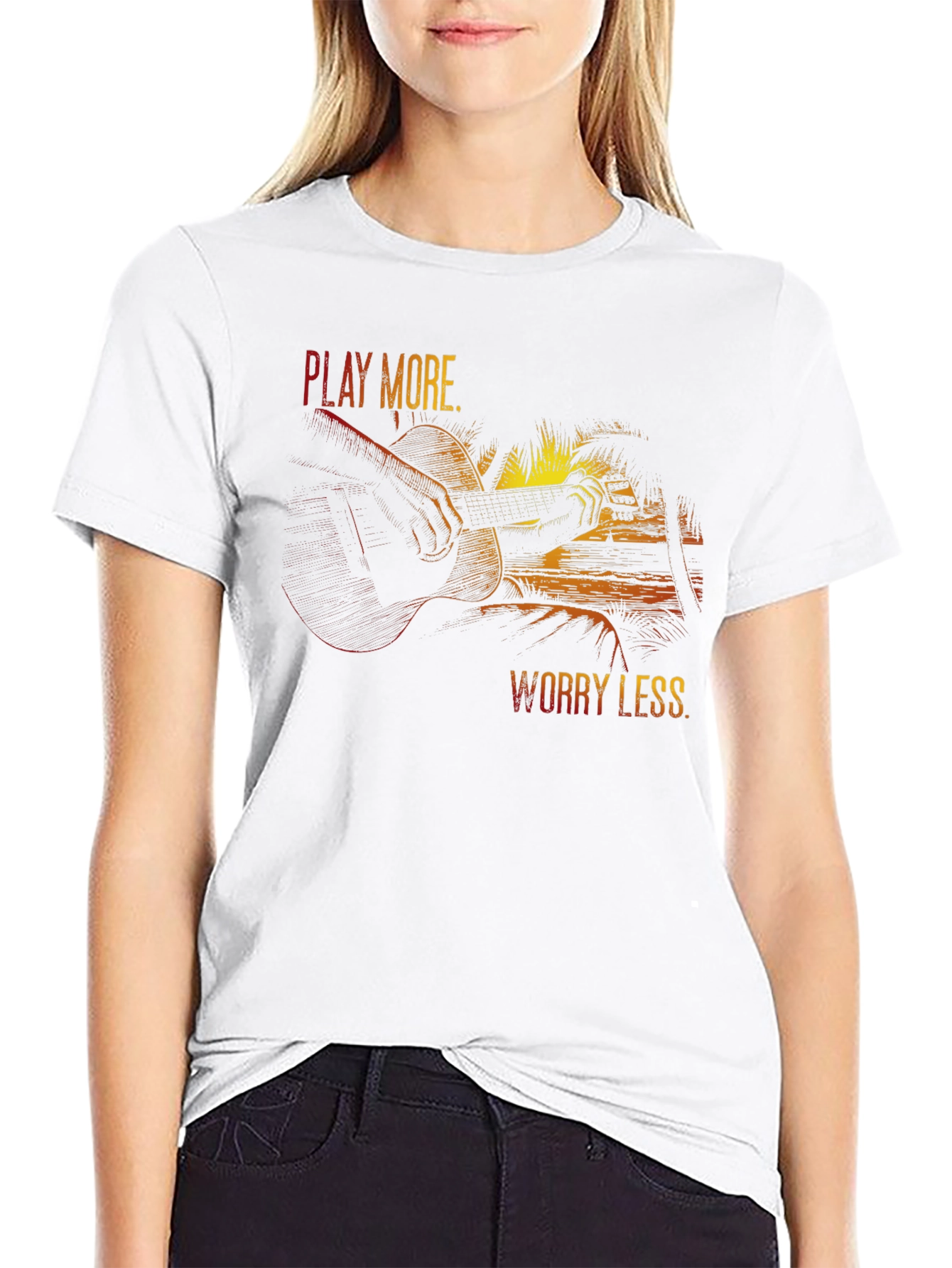 Black Play More Worry Less T-Shirt - Guitar & Beach Design view 9