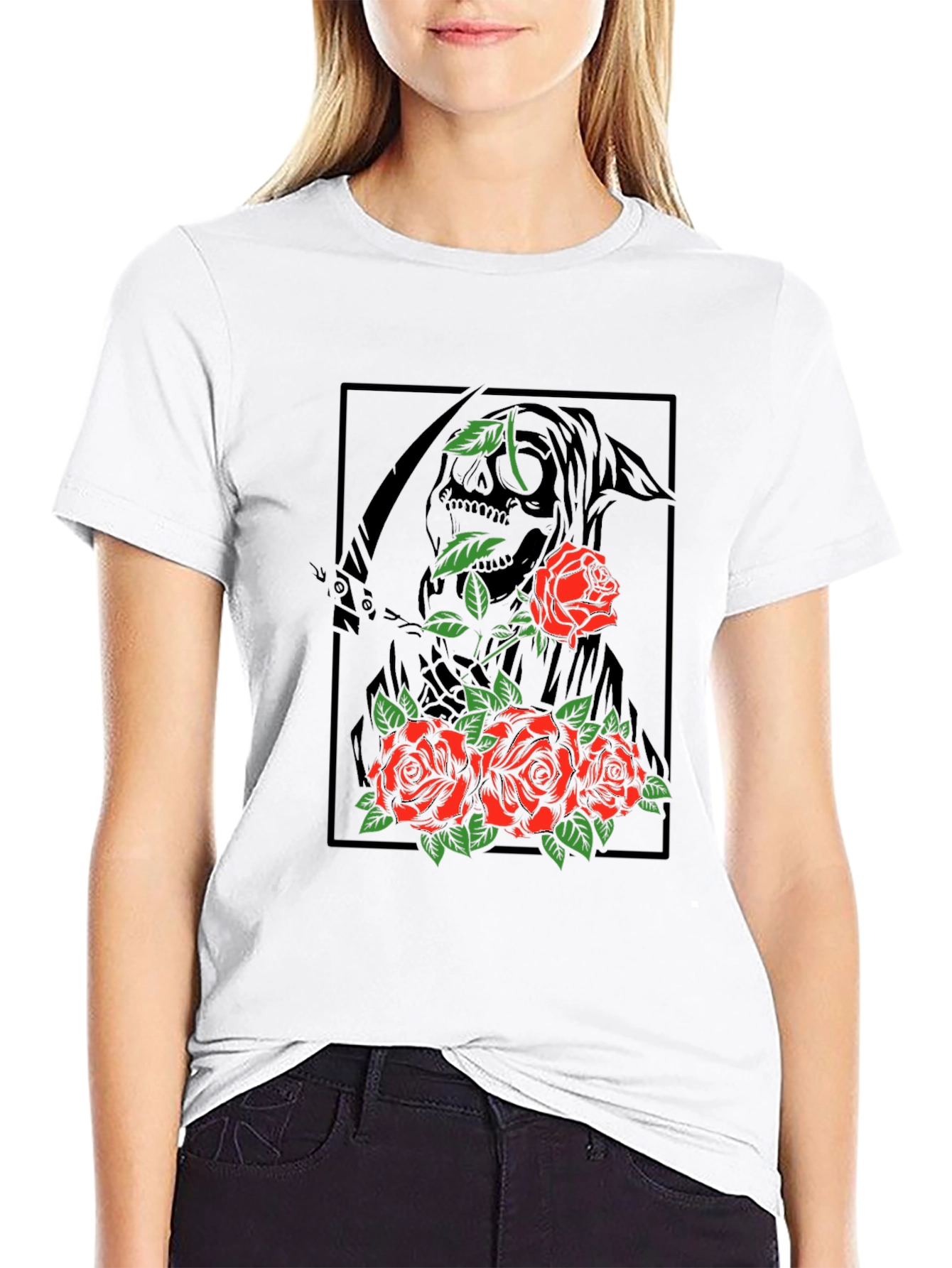 Black Grim Reaper Roses Graphic Print T-Shirt view 9